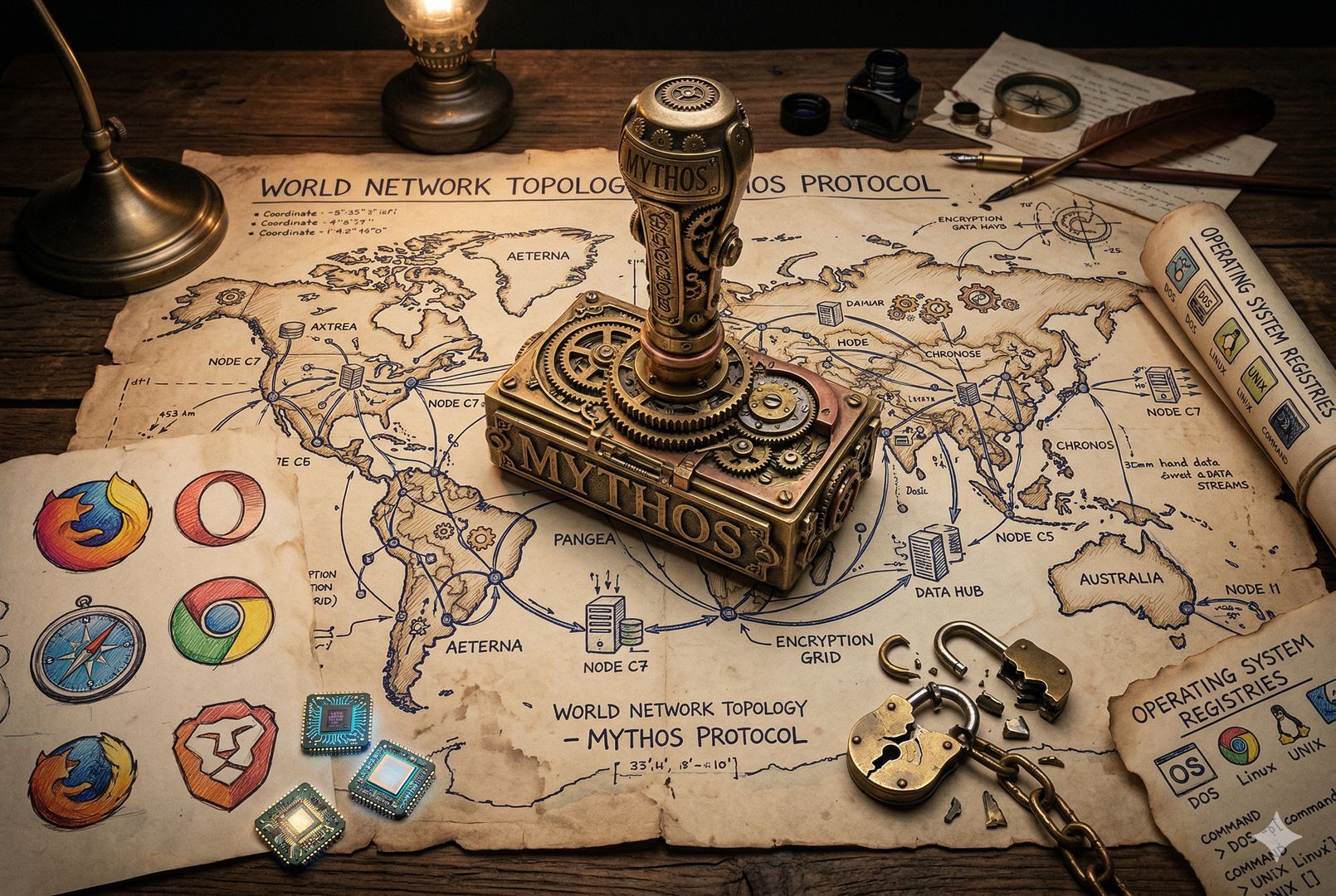 昏暗桌面上摊开一张世界网络拓扑图，中央是一枚刻着“MYTHOS”的巨大机械印章，周围散落芯片、浏览器图标草图、操作系统卷轴和裂开的锁，带出受控而危险的科技气氛，羊皮纸，钢笔彩色手绘的统一风格。
