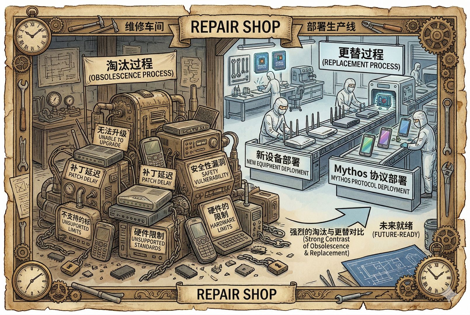 一排老旧路由器、手机和工业设备堆在维修车间里，部分贴着“无法升级”“补丁延迟”标签，远处新设备正被推上生产线，形成淘汰与更替的强烈对比，羊皮纸，钢笔彩色手绘的统一风格。