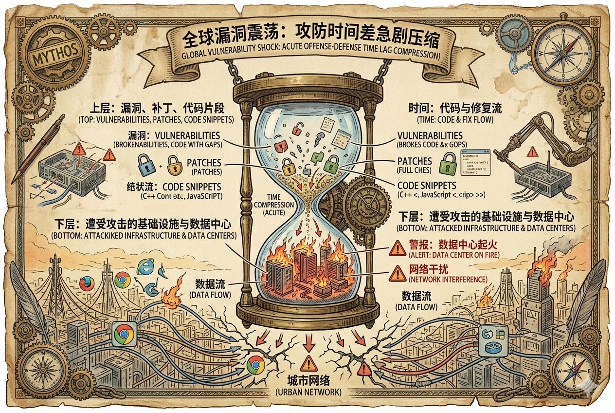 一只巨大的机械沙漏悬在城市网络上方，上层是漏洞、补丁和代码片段，下层是燃起警报的基础设施与数据中心，象征攻防时间差被急剧压缩后的全球震荡，羊皮纸，钢笔彩色手绘的统一风格。