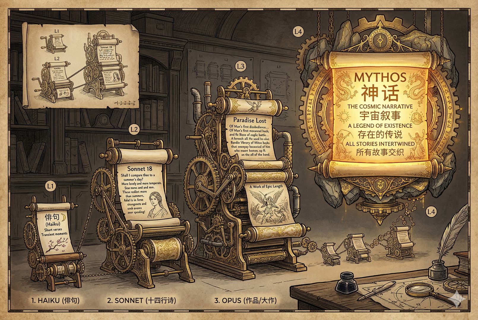 一组从 Haiku、Sonnet、Opus 到 Mythos 逐级放大的卷轴与齿轮装置，最末端的“神话”卷轴高悬发光，像一台体量暴涨的古老机器，展示命名背后的等级跃迁，羊皮纸，钢笔彩色手绘的统一风格。