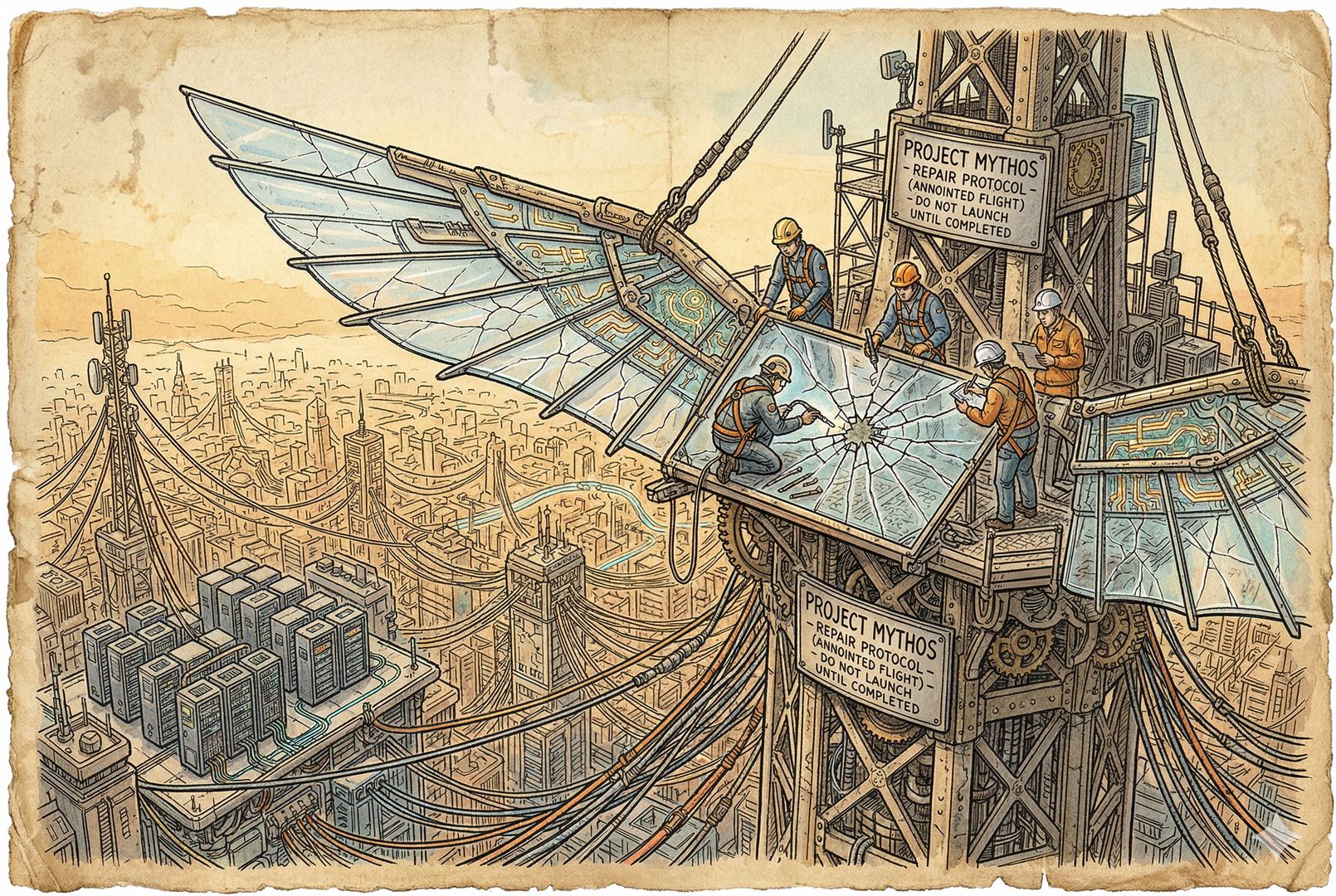 一座高塔顶端，几名工程师围着一对透明玻璃翅膀细致修补裂纹，下方是密布电缆的城市与服务器机房，隐喻先修补再放飞的封闭计划，羊皮纸，钢笔彩色手绘的统一风格。