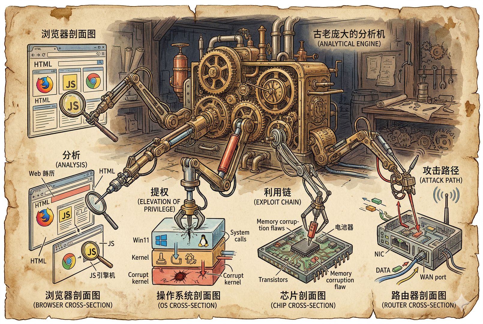一台古老而庞大的分析机伸出多支机械手，分别刺入浏览器、操作系统、芯片和路由器的剖面图中，手臂上标着分析、提权、利用链、攻击路径，呈现自动化攻防一体的压迫感，羊皮纸，钢笔彩色手绘的统一风格。