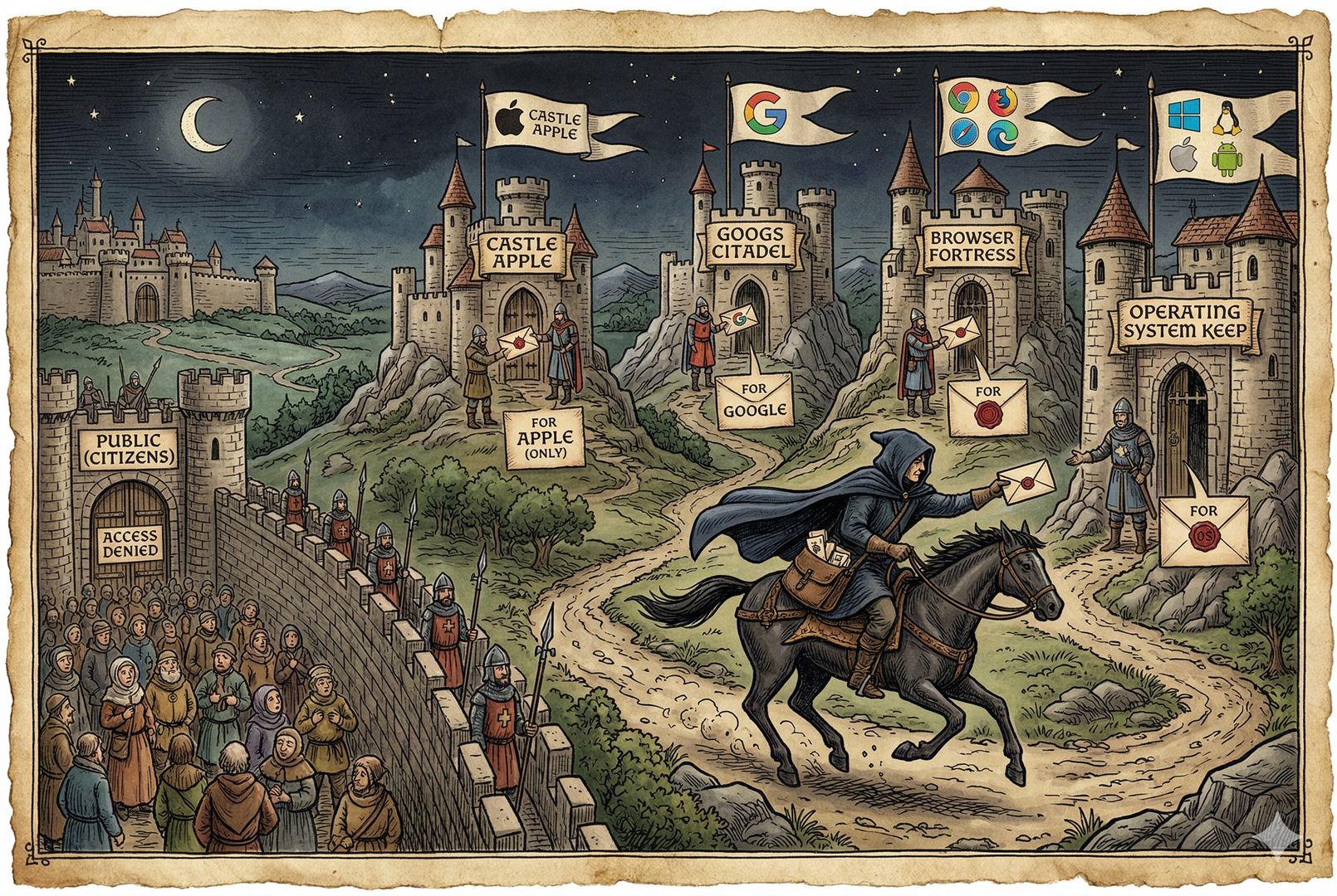 一位披着斗篷的信使在夜色中向几座城堡分别递送封缄信件，信封上写着苹果、谷歌、浏览器和操作系统标记，远处民众仍被隔在城门外，表现只通知厂商不公开细节，羊皮纸，钢笔彩色手绘的统一风格。
