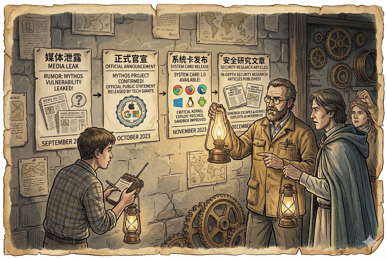 一面公告墙上贴着时间线纸条，从媒体泄露、正式官宣、系统卡发布到安全研究文章，几位记者和研究员举灯围观，像追踪一场谨慎而重大的发布，羊皮纸，钢笔彩色手绘的统一风格。