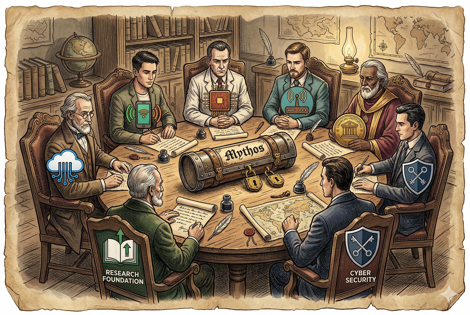 一张圆桌会议场景，桌边坐着代表云厂商、手机厂商、芯片公司、路由器公司、银行、安全公司和基金会的不同徽记人物，中央锁着一卷名为 Mythos 的机密文书，羊皮纸，钢笔彩色手绘的统一风格。