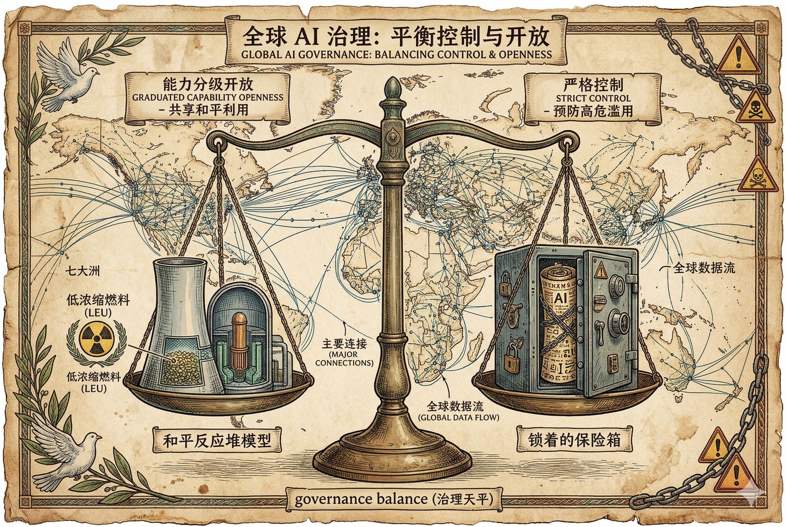 一座天平，一边是装着低浓缩燃料的和平反应堆模型，另一边是锁在保险箱中的高危 AI 卷轴，背景是全球网络节点地图，表现能力分级开放与严格控制的类比，羊皮纸，钢笔彩色手绘的统一风格。