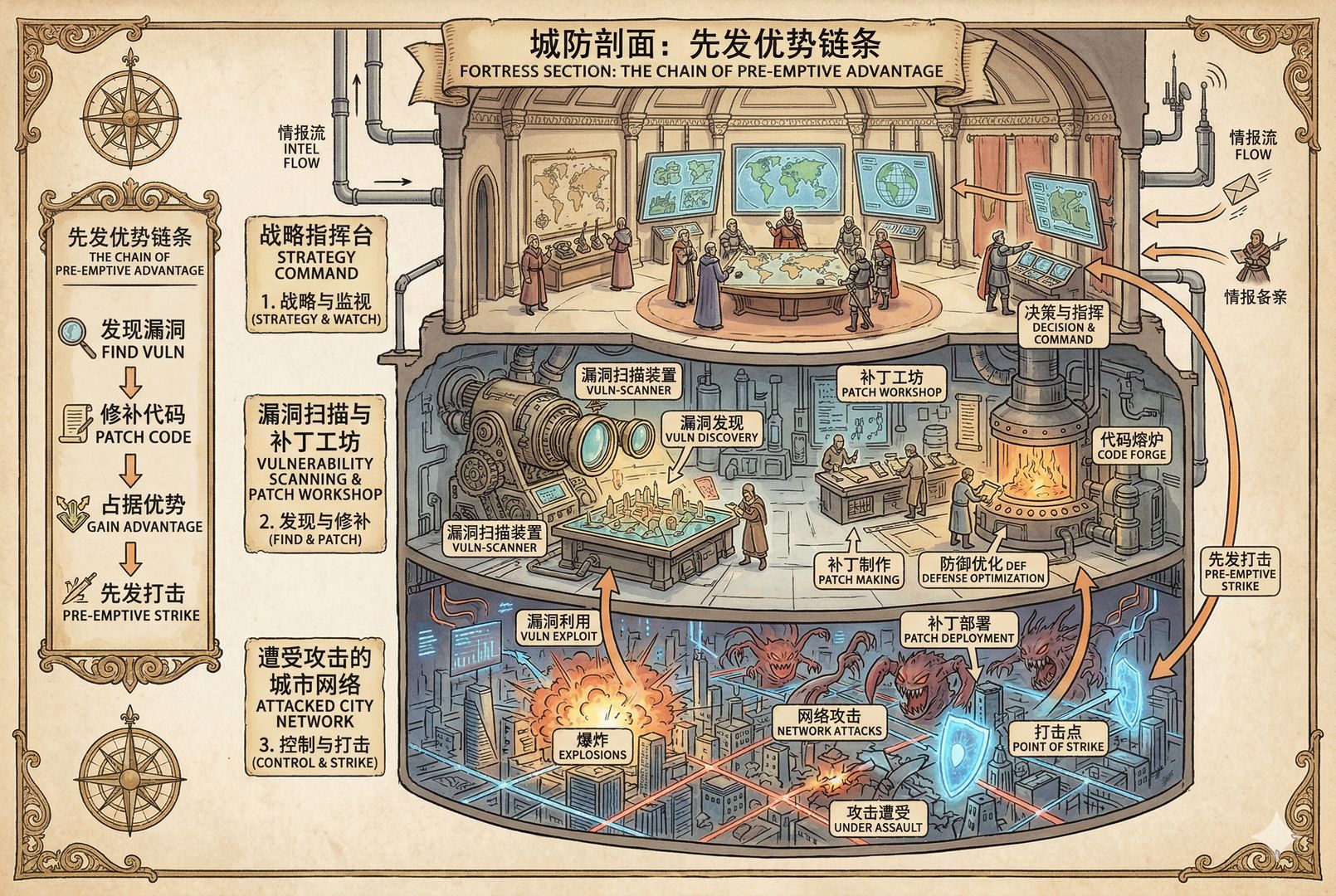 三层剖开的城防图，最上层是战略指挥台，中层是漏洞扫描与补丁工坊，下层是遭受攻击的城市网络，展示从发现、修补到打击的先发优势链条，羊皮纸，钢笔彩色手绘的统一风格。