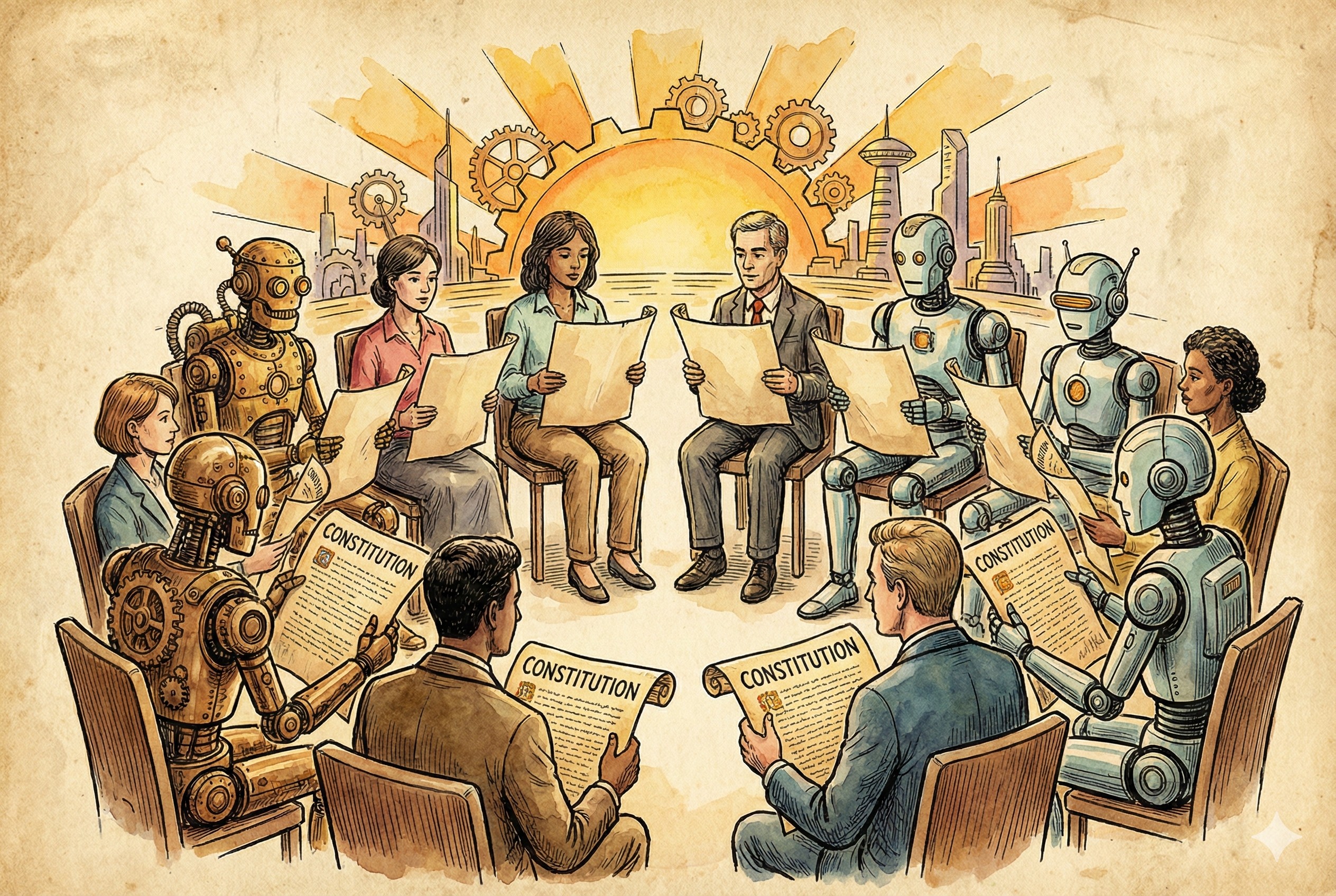 人类和不同设计的机器人围坐在一起讨论手中的宪法文稿,背景是象征未来的日出,羊皮纸,钢笔彩色手绘的统一风格。