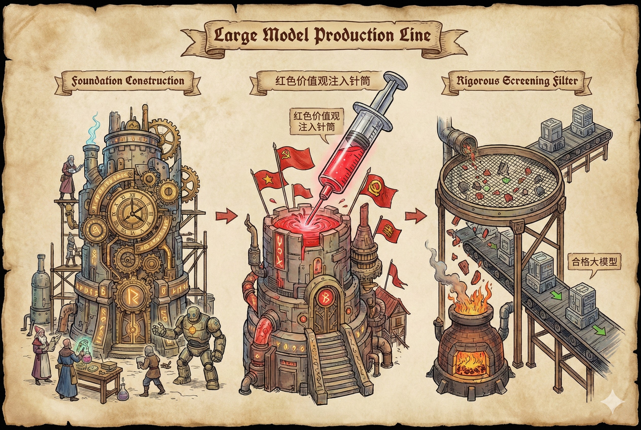 人类和不同设计的机器人围坐在一起讨论手中的宪法文稿,背景是象征未来的日出,羊皮纸,钢笔彩色手绘的统一风格。