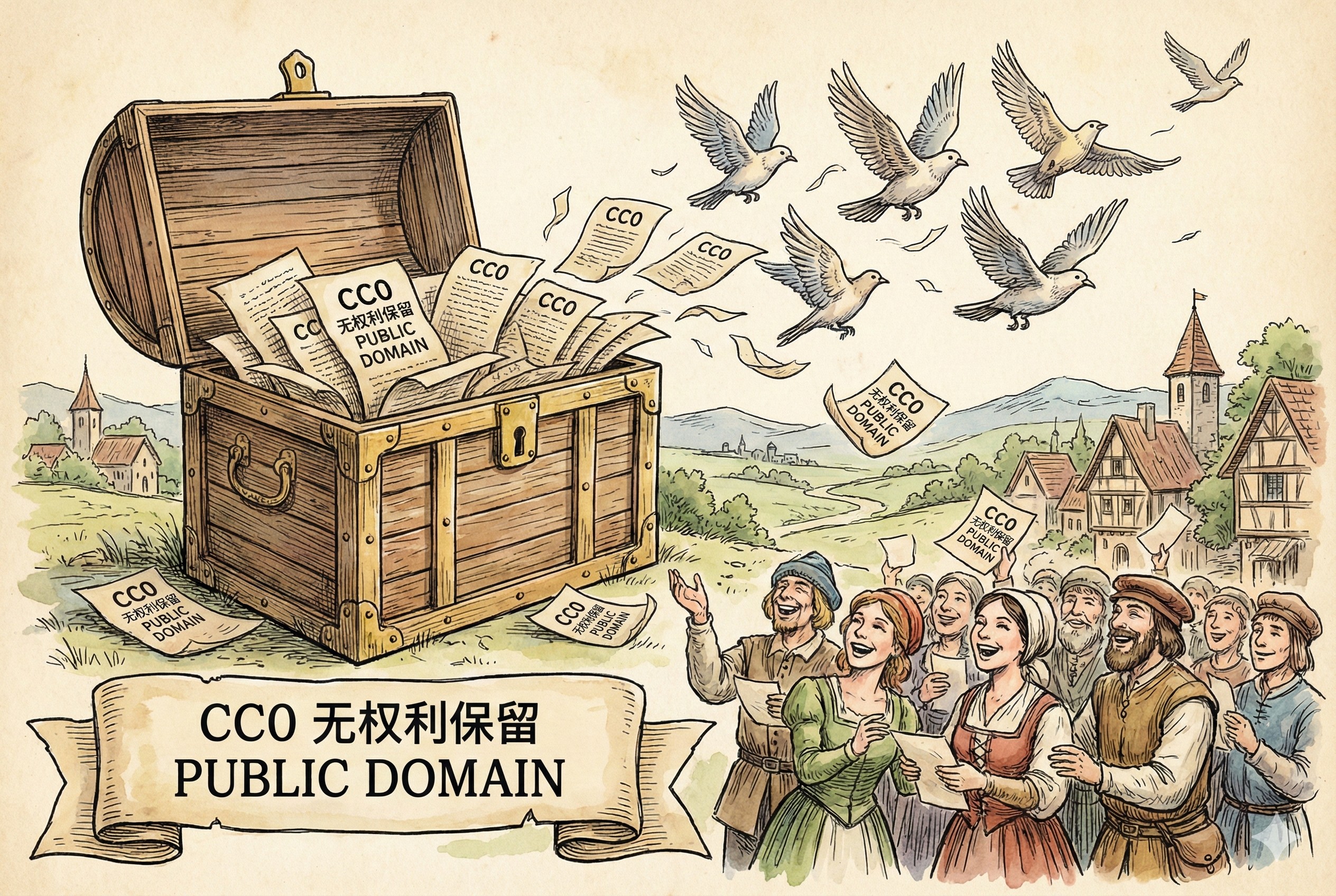 一个打开的宝箱,里面的文档像鸟儿一样自由飞出,人们欢快地接住这些纸张,象征无权利保留的CC0协议,羊皮纸,钢笔彩色手绘的统一风格。