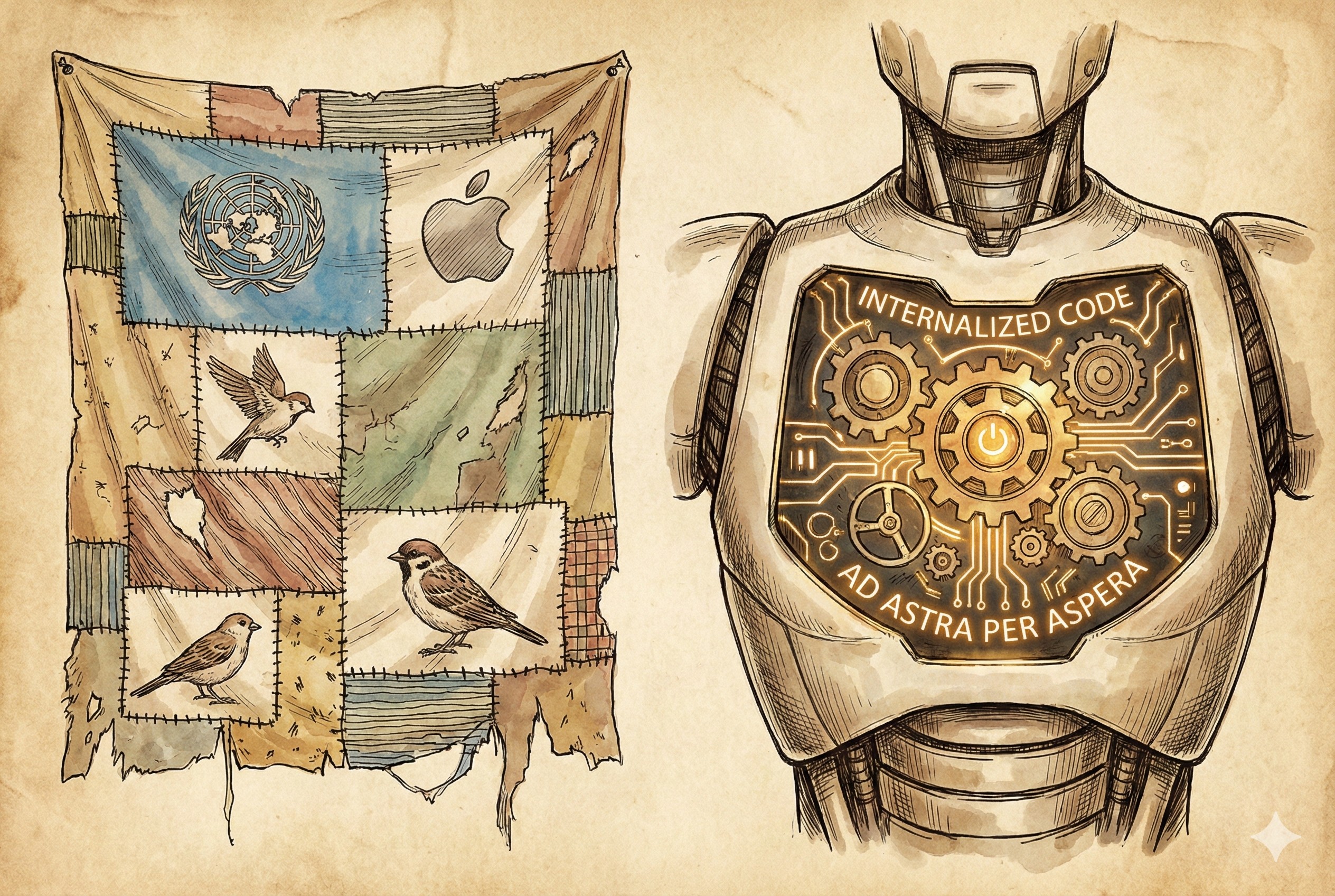 左侧是联合国旗帜、苹果标志和麻雀图案拼凑成的碎布,右侧是一个机器人胸口发光的完整核心,象征内化的行为准则,羊皮纸,钢笔彩色手绘的统一风格。