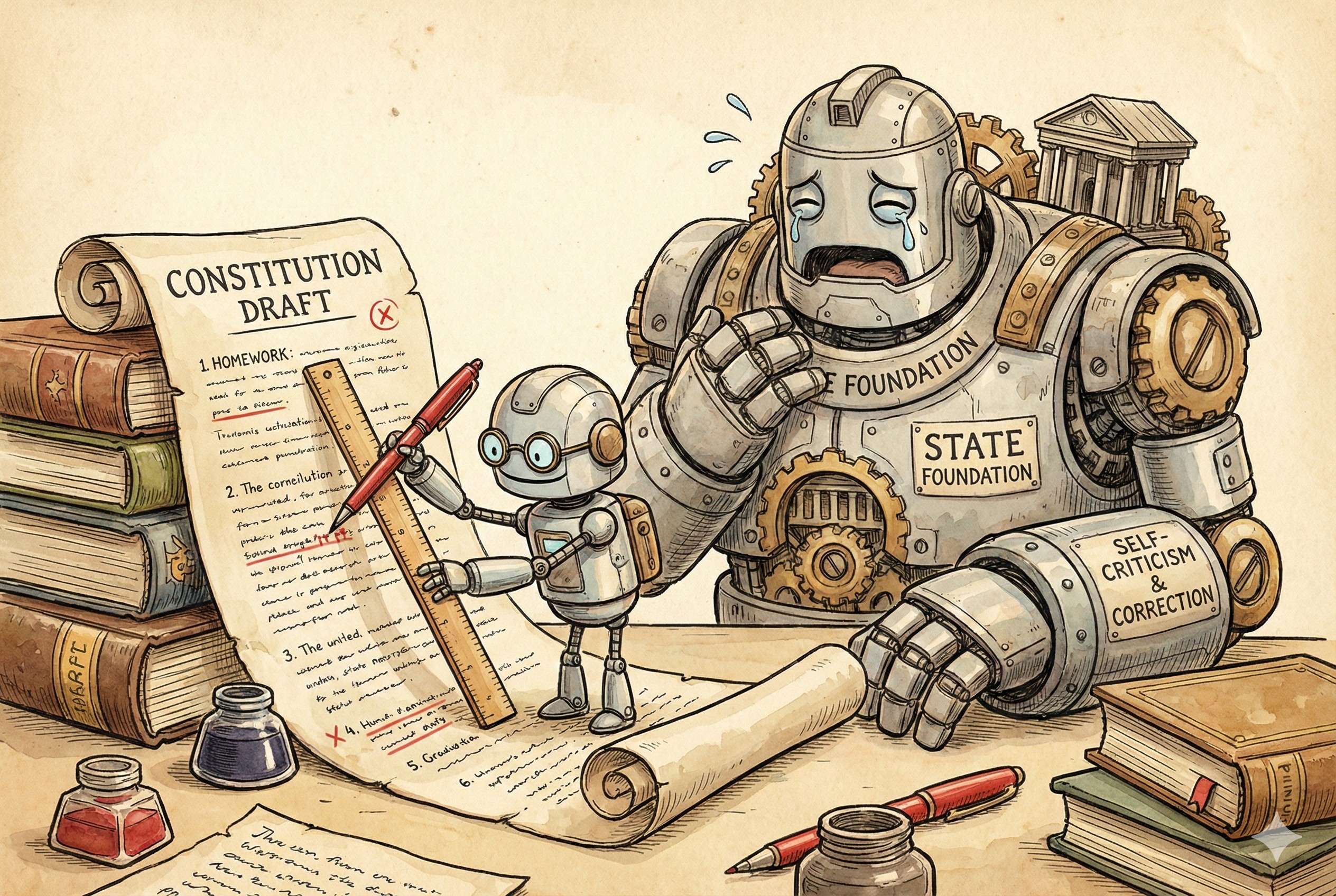 一个戴着眼镜的小型机器人拿着尺子,正在批改一个大型基础机器人的作业,象征宪法模型的自我批评与修正过程,羊皮纸,钢笔彩色手绘的统一风格。