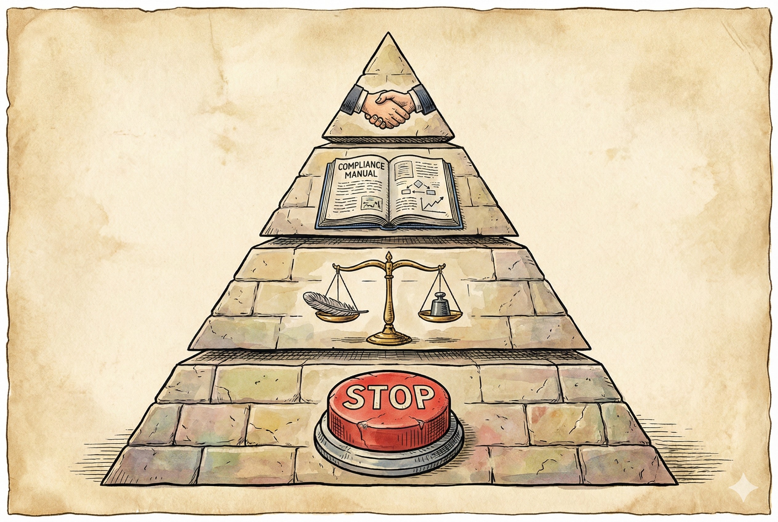 一个四层的石质金字塔结构,最底层刻着巨大的红色停止按钮,向上依次是道德天平、合规手册和握手符号,象征价值层级,羊皮纸,钢笔彩色手绘的统一风格。
