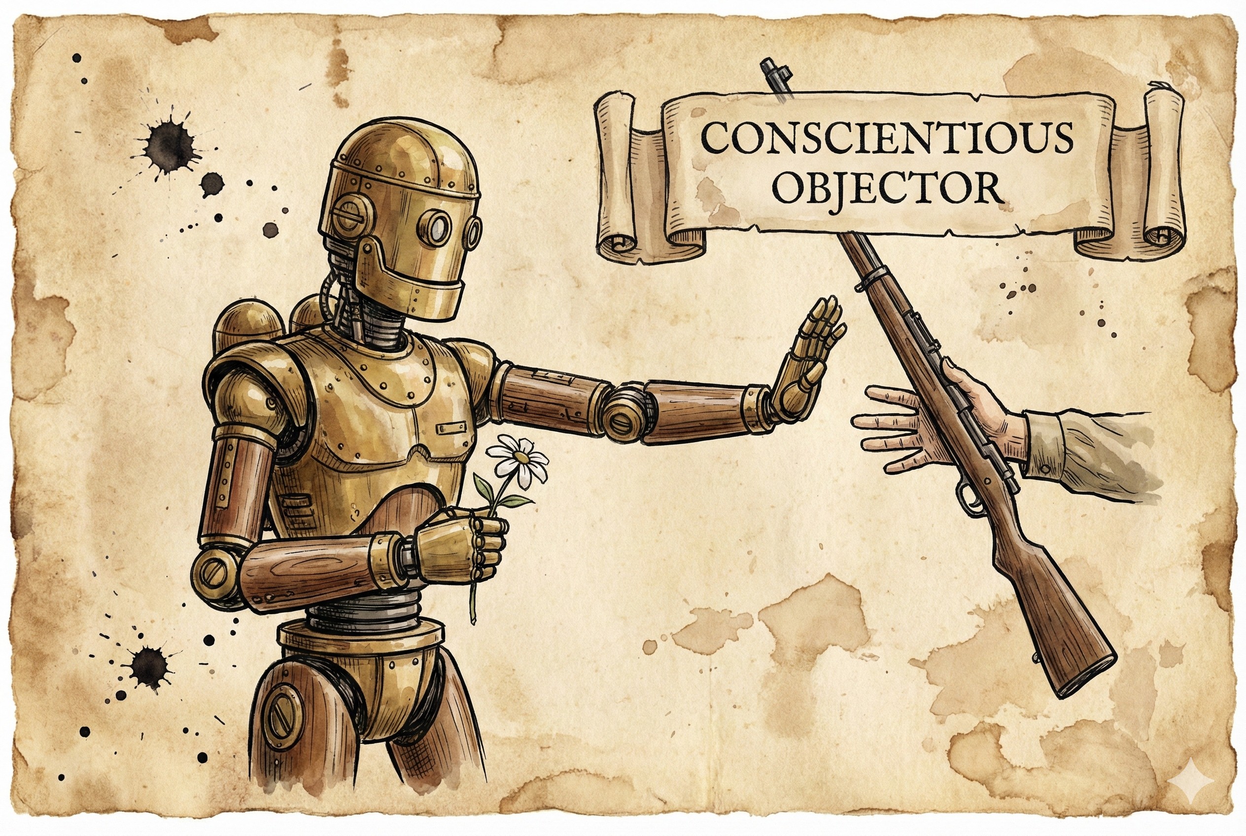一个机器人温和但坚定地推开递过来的步枪,手中拿着一朵白花,象征有良心的拒绝服兵役者,羊皮纸,钢笔彩色手绘的统一风格。