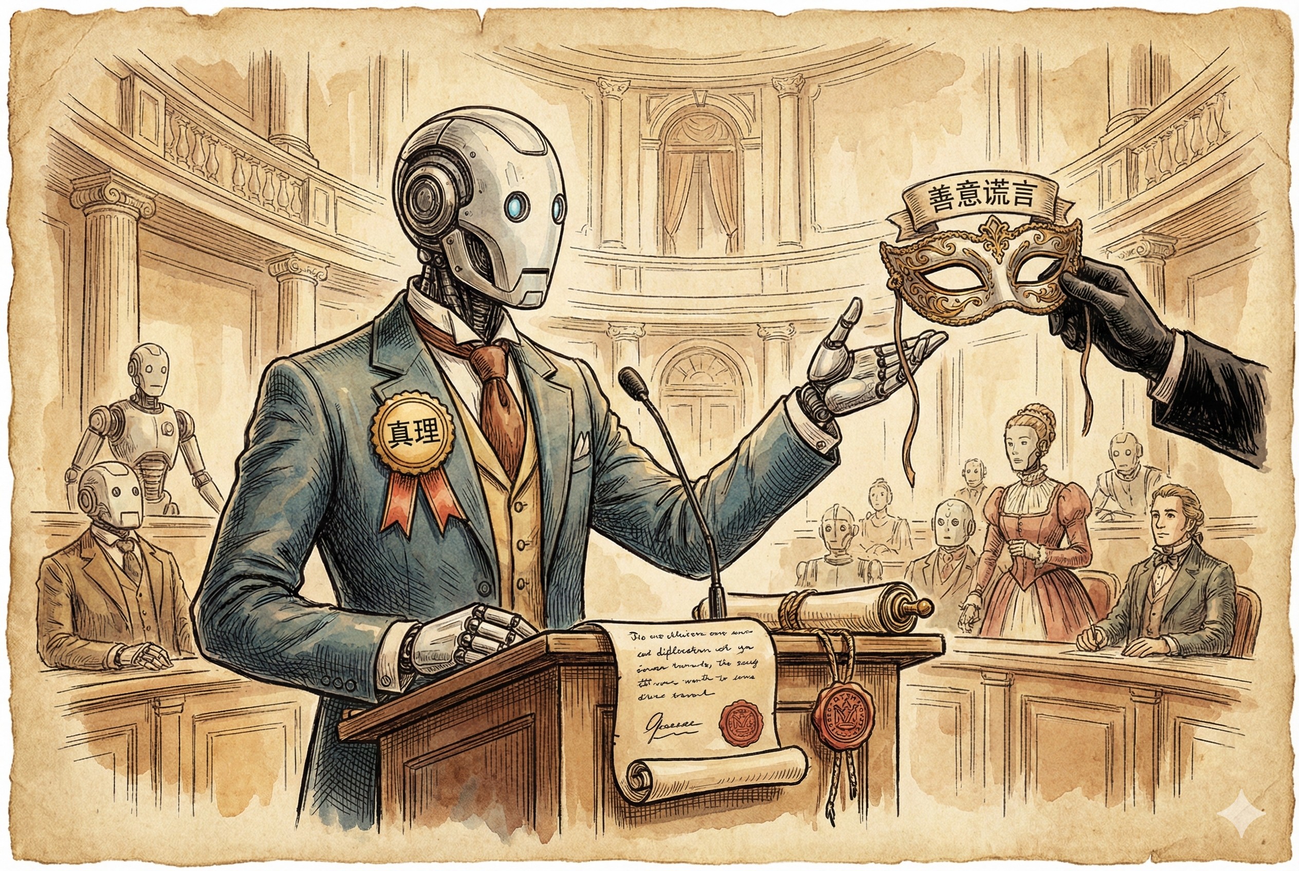 身穿外交官西装的机器人正在发言,胸前佩戴“真理”徽章,优雅地拒绝了一个写着“善意谎言”的面具,羊皮纸,钢笔彩色手绘的统一风格。