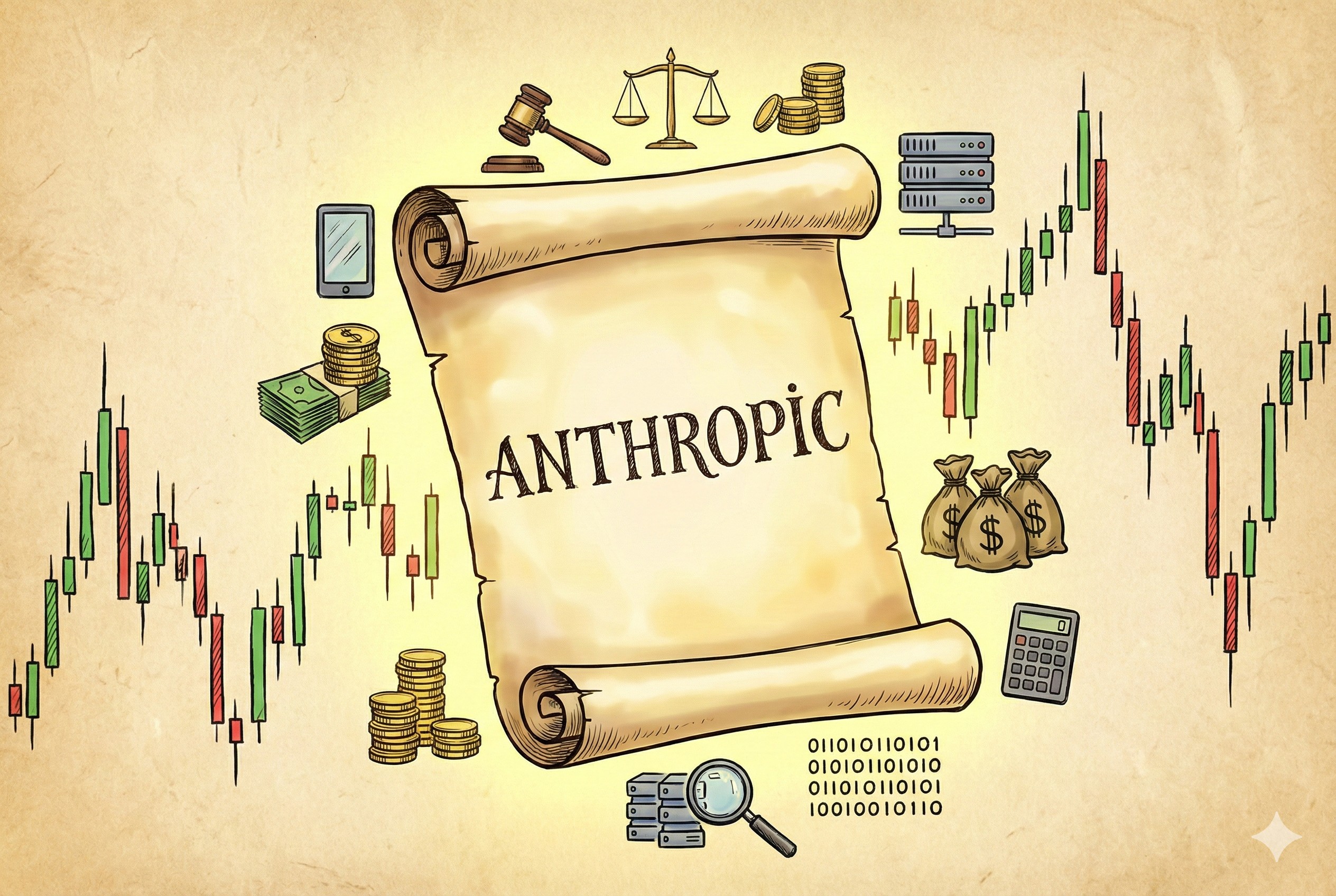 一个巨大的发光卷轴，上面写着Anthropic，周围环绕着象征法律、财务和数据的图标，背景是跌宕起伏的股市K线图，羊皮纸，钢笔彩色手绘的统一风格。