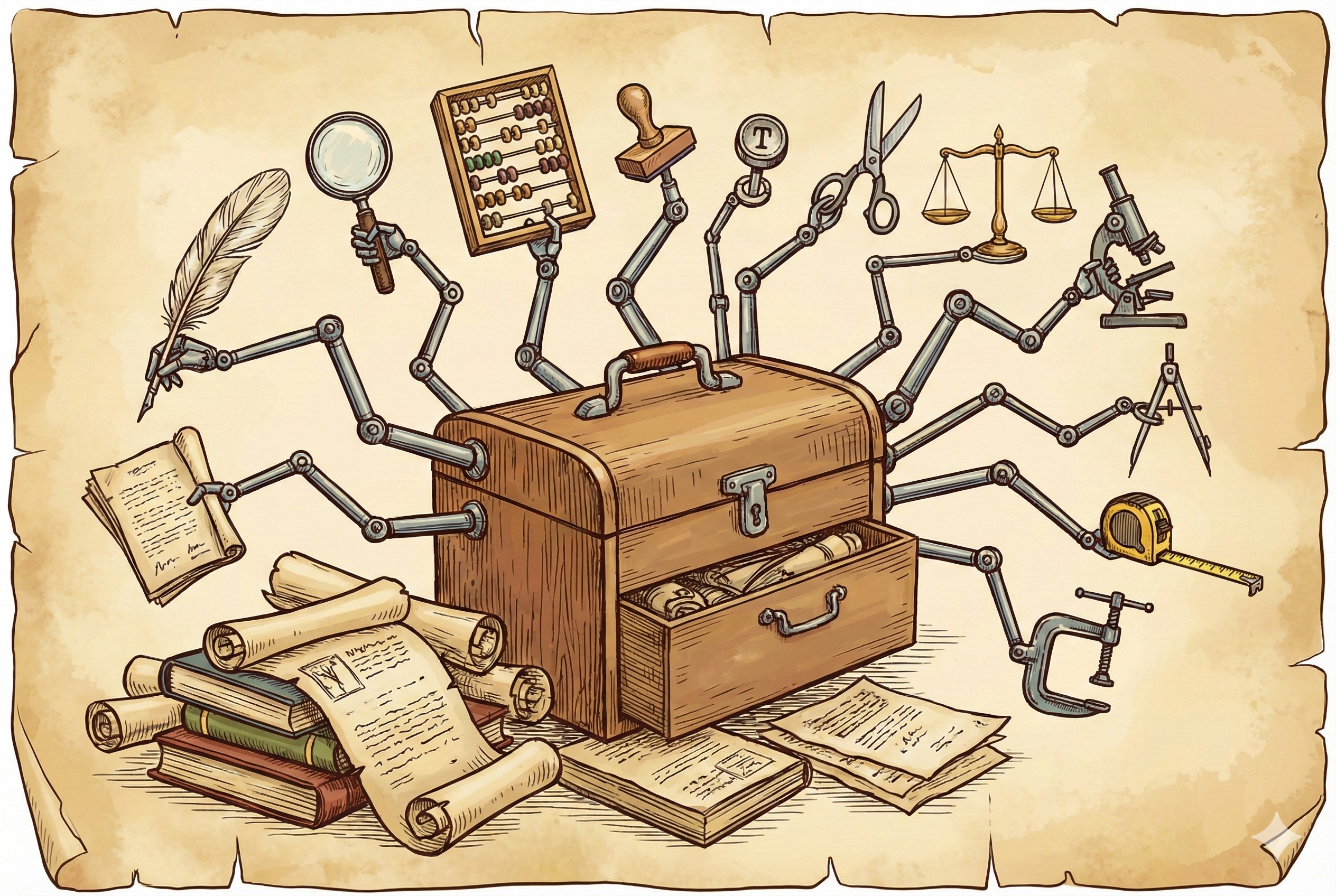 一个复古的多功能机械工具箱，伸出十一只机械手分别拿着不同的专业工具，正在处理堆积如山的文档，羊皮纸，钢笔彩色手绘的统一风格。