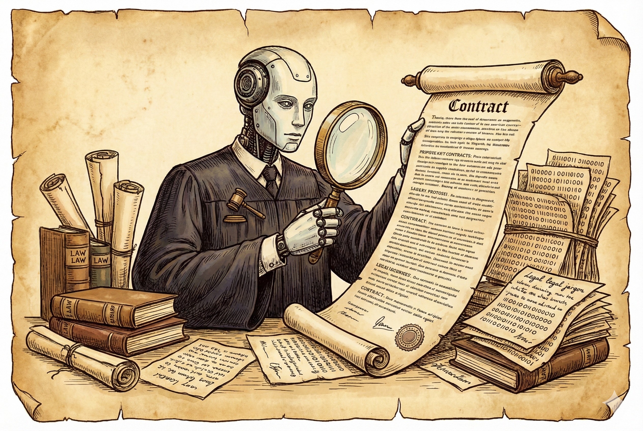 一位披着律师袍的AI半身像，正用放大镜观察着巨大的卷轴合同，周围是密集的代码与法典，羊皮纸，钢笔彩色手绘的统一风格。