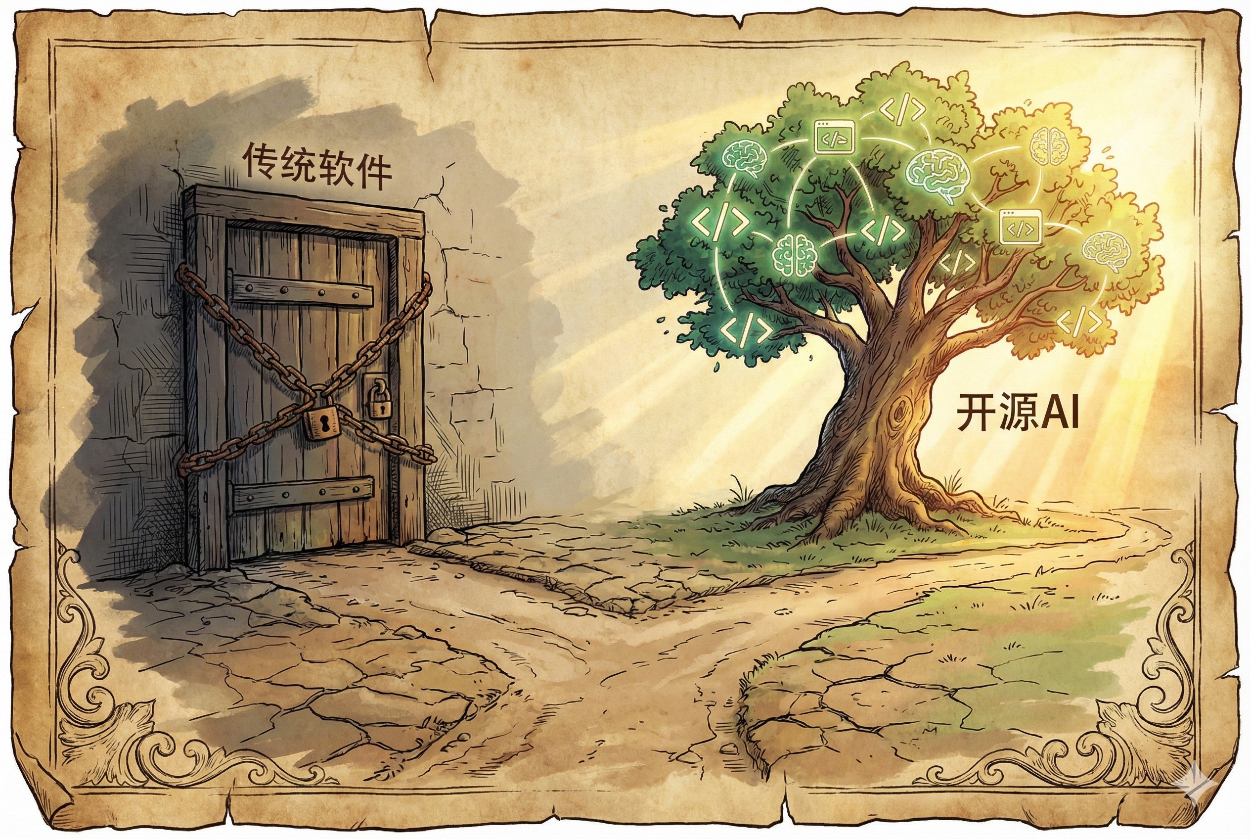 一个分岔路口，左边是锁链缠绕的“传统软件”之门，右边是自由生长的“开源AI”之树，阳光从右侧射入，羊皮纸，钢笔彩色手绘的统一风格。