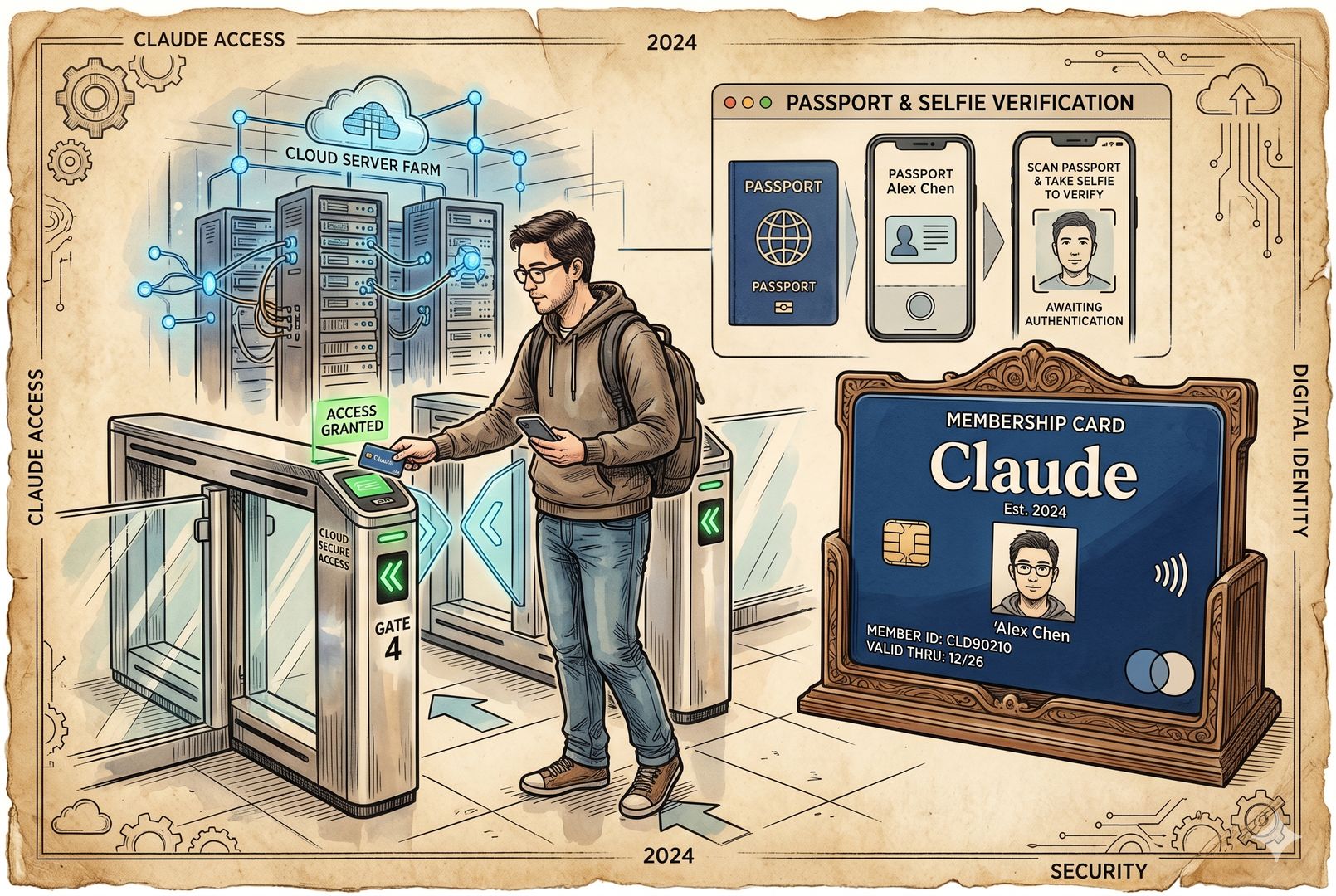 昏黄羊皮纸背景上的现代门禁闸机与一张写着 Claude 的会员卡并置，闸机前站着程序员模样的人影，远处是抽象化的云端机房和护照自拍提示界面，钢笔彩色手绘的统一风格。