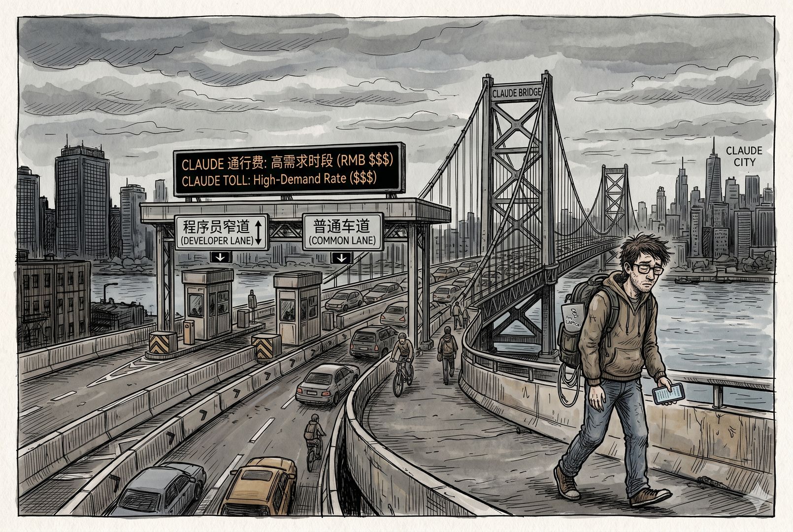 阴天之下的城市天际线并未坍塌，只是通往 Claude 的桥梁被设了更高收费站和更窄车道，程序员仍背着电脑继续前行，神情疲惫却未停步，钢笔彩色手绘的统一风格。