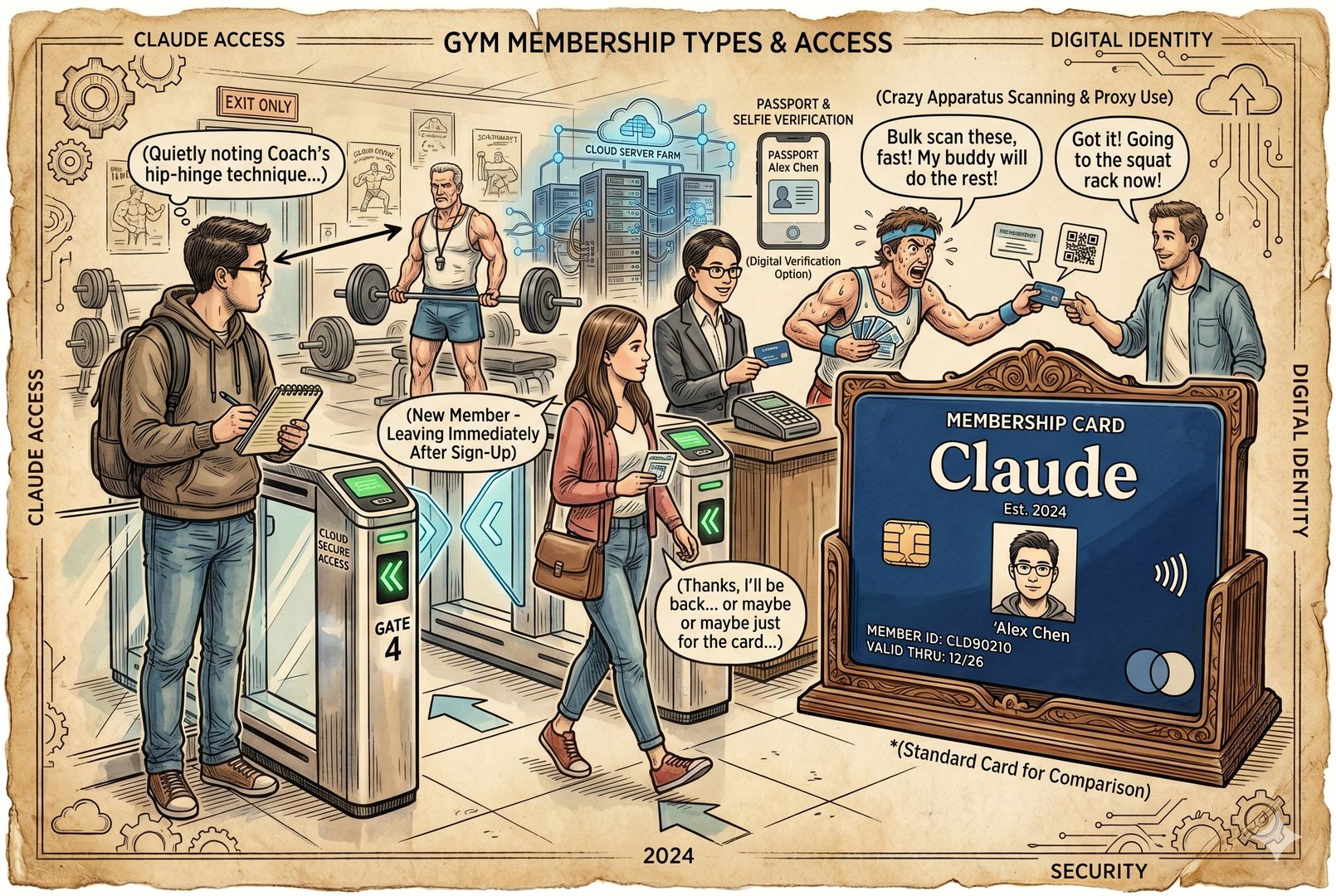 一家老式健身房的前台与闸机，三类会员形成鲜明对比：有人偷偷记教练动作，有人疯狂刷器械并把会员卡递给别人代刷，另一个人办卡后转身离开，钢笔彩色手绘的统一风格。
