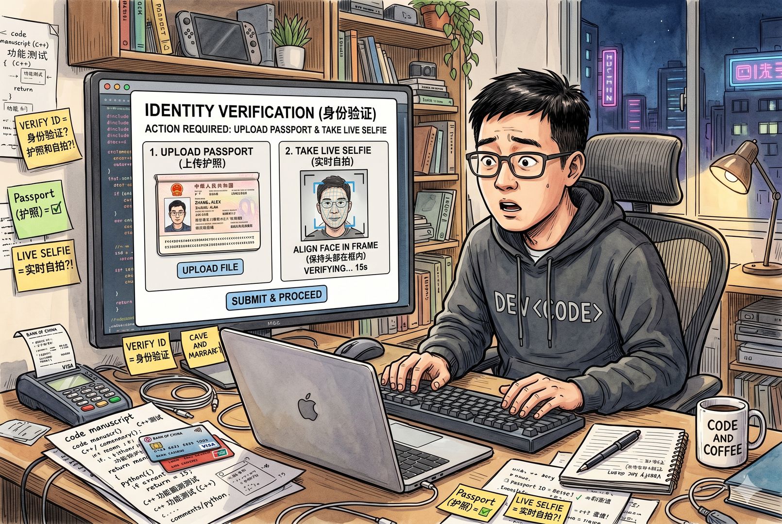 笔记本电脑屏幕上弹出身份验证窗口，要求上传护照和实时自拍，桌前的中国开发者神情错愕，旁边散落着代码稿纸、信用卡和翻译便签，钢笔彩色手绘的统一风格。
