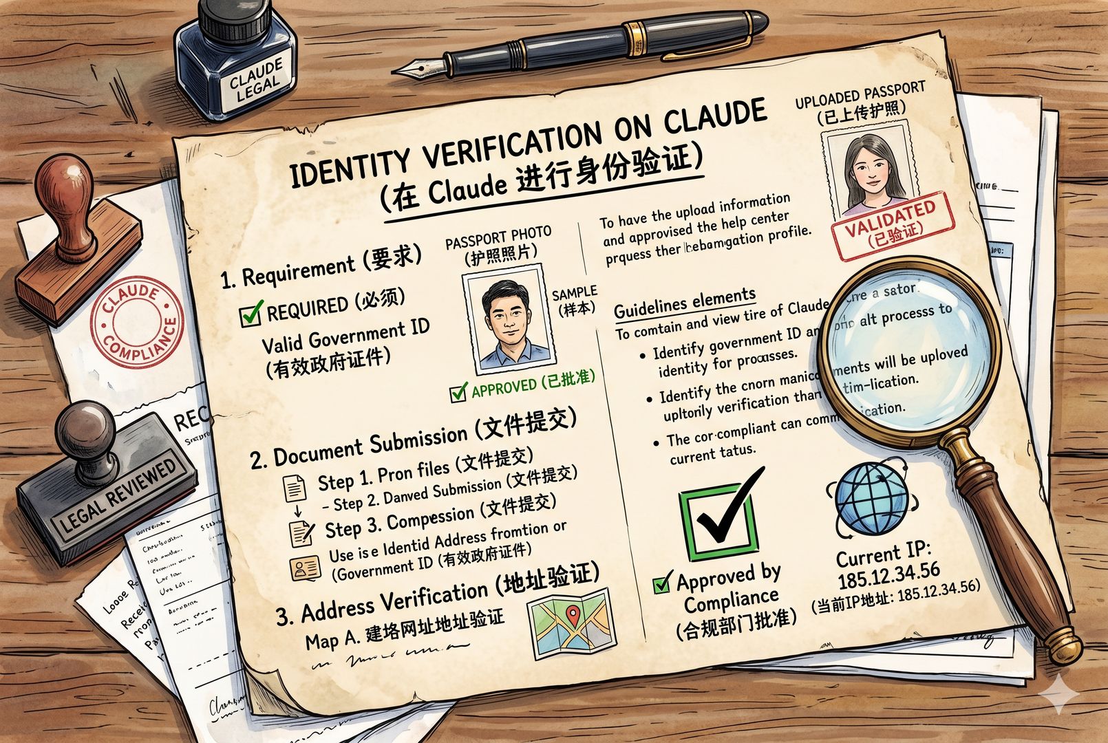 一张摊开的帮助中心文档页，上面写着 identity verification on Claude，旁边有放大镜、勾选框、IP 地址图标和护照照片框，像法务审阅文件的桌面场景，钢笔彩色手绘的统一风格。