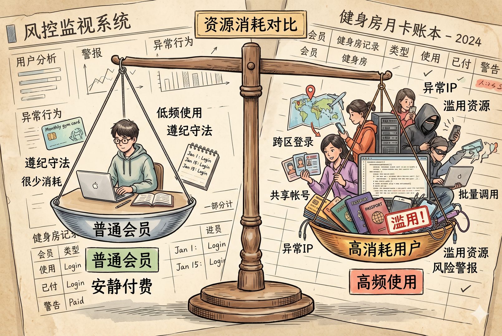 天平两端形成对比，一端是安静付费却低频使用的普通会员，另一端是跨区登录、共享账号、批量调用的高消耗用户，背景像客服风控面板与健身房月卡账本叠合，钢笔彩色手绘的统一风格。