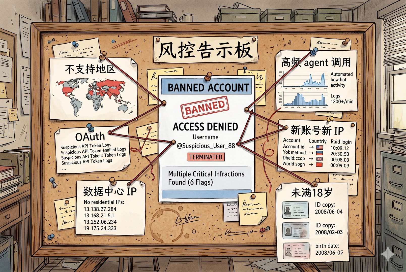 一块风控告示板上钉着多个标签：不支持地区、OAuth、数据中心 IP、高频 agent 调用、新账号新 IP、未满18岁，像侦探案板一样用红线连接到一个被封禁的账号页面，钢笔彩色手绘的统一风格。