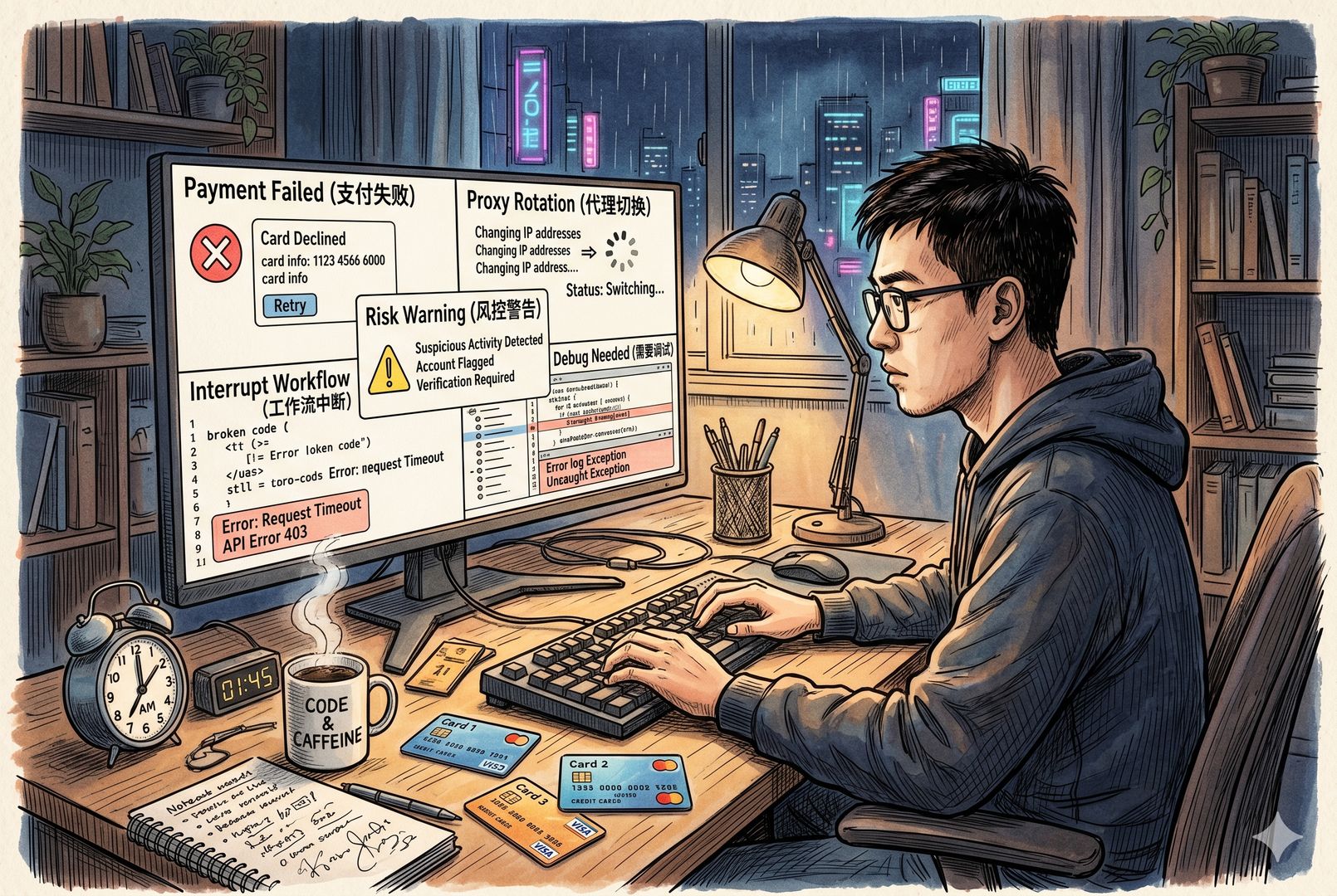 一位中国开发者坐在深夜书桌前，屏幕分成支付失败、代理切换、风控警告、代码工作流中断五个小画面，桌上有咖啡、闹钟和多张虚拟卡，钢笔彩色手绘的统一风格。