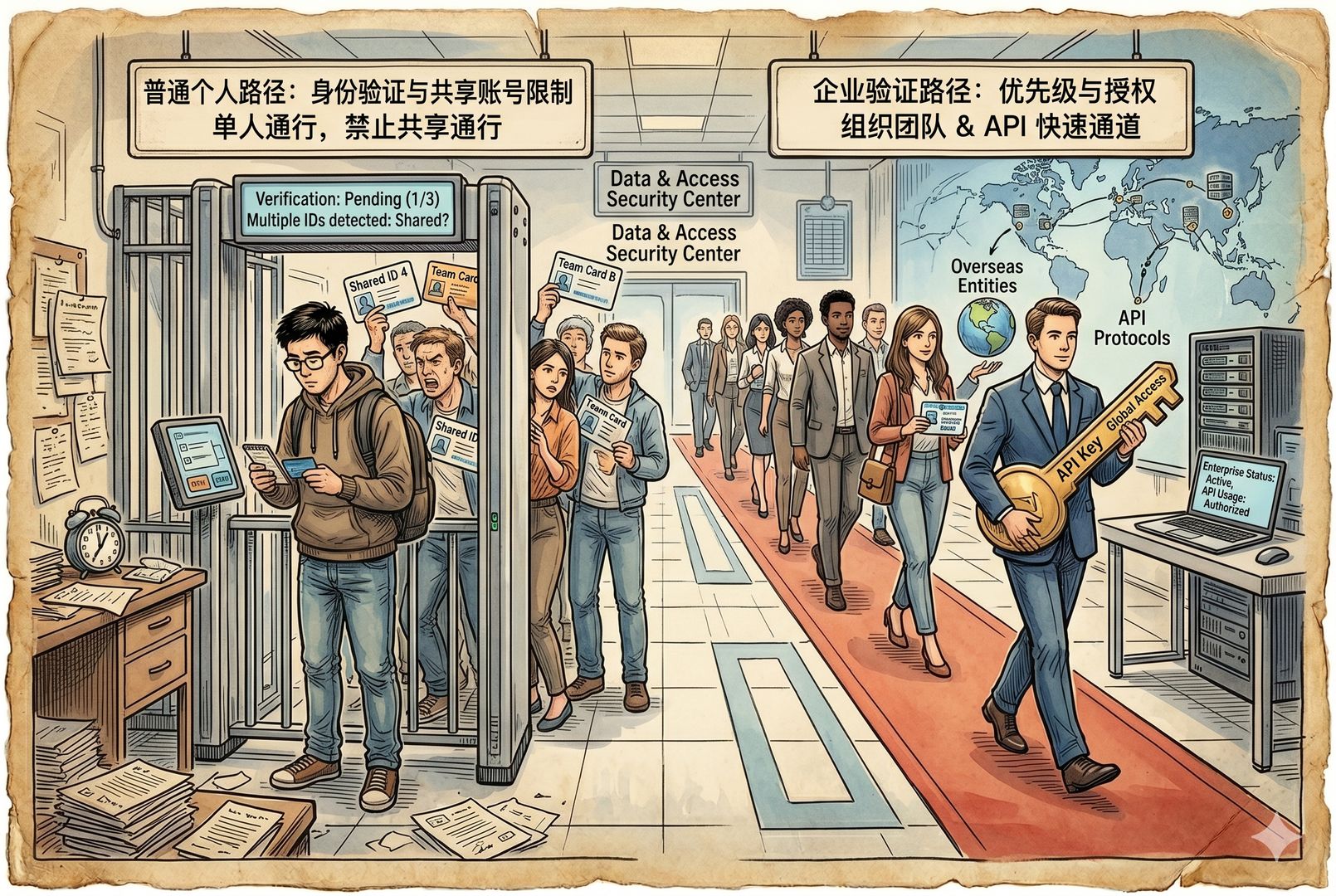 一道狭窄安检门拦住普通个人开发者和共享账号用户，而另一侧大型海外实体、API 协议和组织化团队从更宽的企业通道通过，形成鲜明反差，钢笔彩色手绘的统一风格。