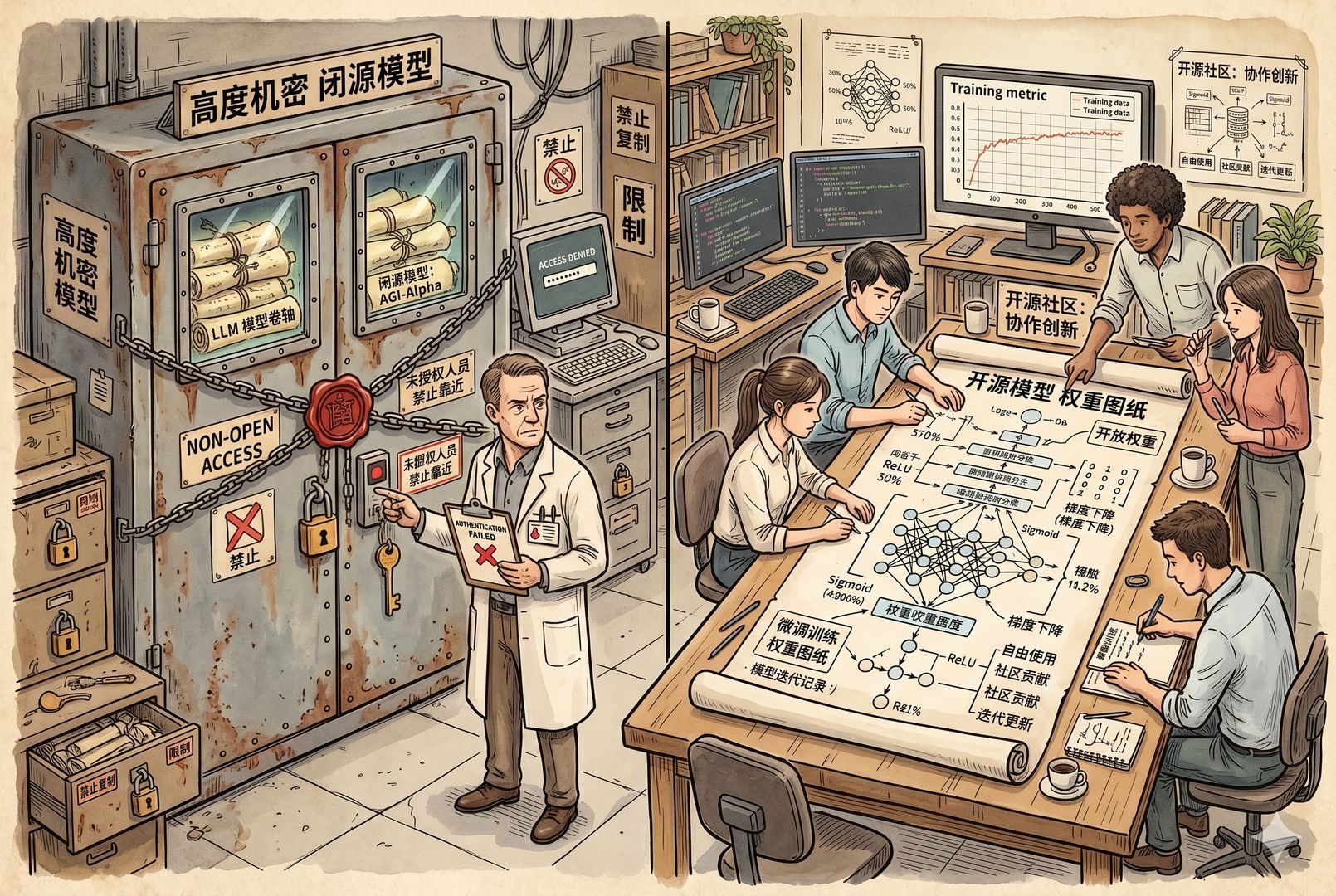 一侧是紧锁金属柜里封存的闭源模型卷轴，另一侧是摊开供人研读的开源权重图纸，几位工程师分别在复制、训练和讨论，形成开放与封闭的对照，钢笔彩色手绘的统一风格。