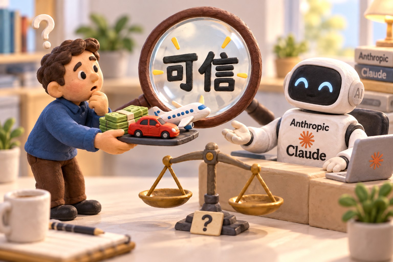 浅色桌面上的微缩立体橡皮泥场景:一侧是带有“Anthropic”“Claude”主体标识的模型终端,另一侧是把钱、汽车和飞机模型交到它手边的人,中央一面放大镜对准“可信”二字;人物的疑问神情与尚未落定的天平表达评论中的未决判断,不把模型意识画成已证实事实