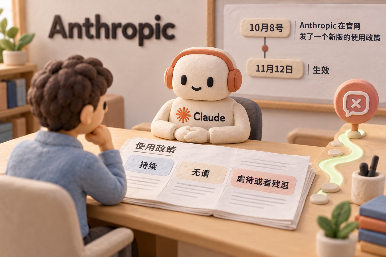 浅色微缩办公桌上,一名用户与标有“Claude”的立体橡皮泥模型终端隔桌相对;桌面摊开的政策纸页把“持续”“无谓”“虐待或者残忍”三词分列,旁边一条通向对话结束符号的柔和路径表示当前对话可结束