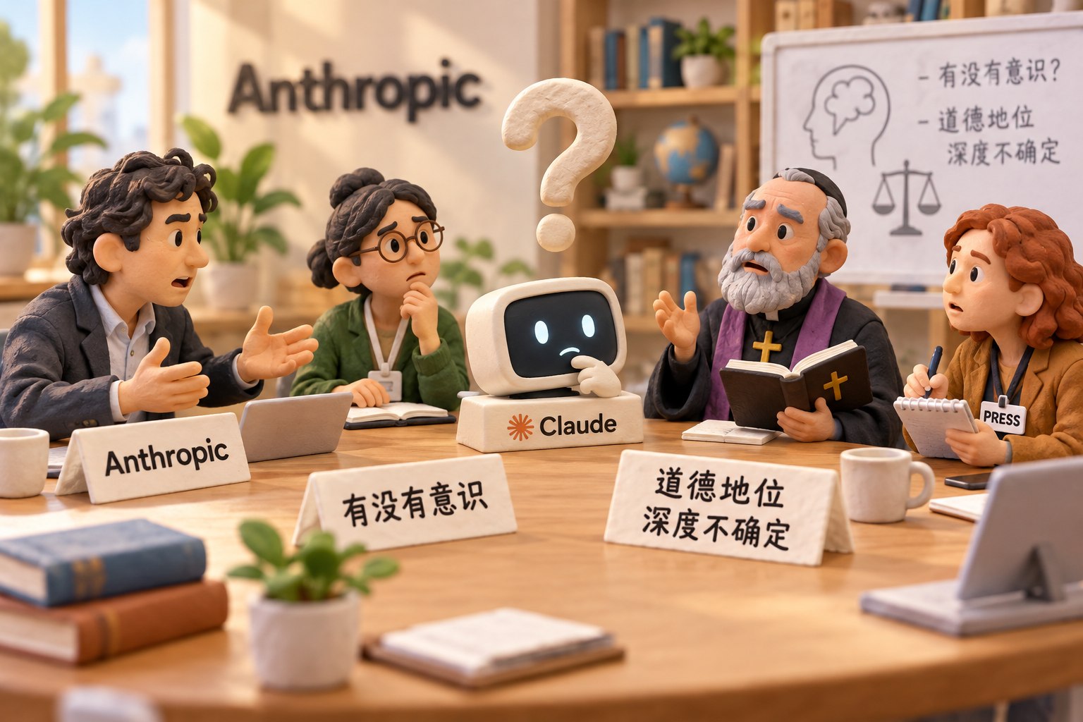 明亮的微缩会议室里,标有“Anthropic”的桌牌与标有“Claude”的小型模型终端位于圆桌两侧;几位手工捏塑的人物围坐讨论,一位宗教人士手持打开的书,另一位记者举着记事本,中央悬着一个问号,呈现尚无定论的讨论而非意识已获证实