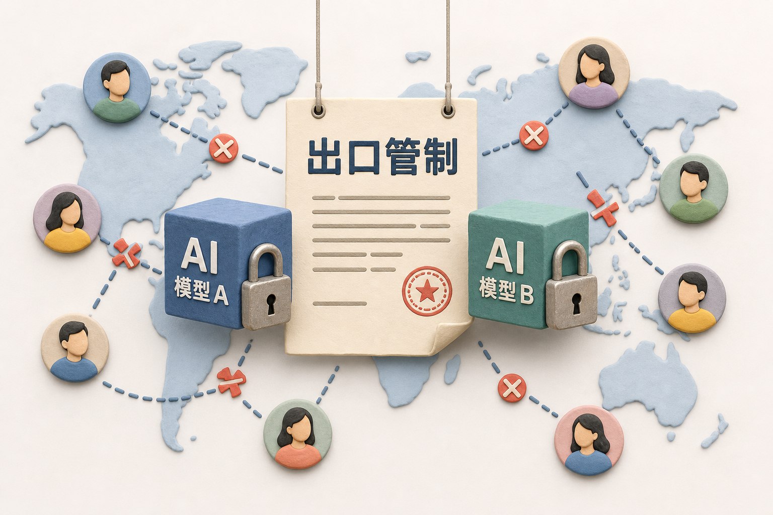 一份写着出口管制的政府文件悬在画面中央,旁边是被锁住的两个 AI 模型方块和分布在全球的用户头像,形成“访问被切断”的封面构图,浅色背景的商业评论版橡皮泥平面信息图的统一风格。