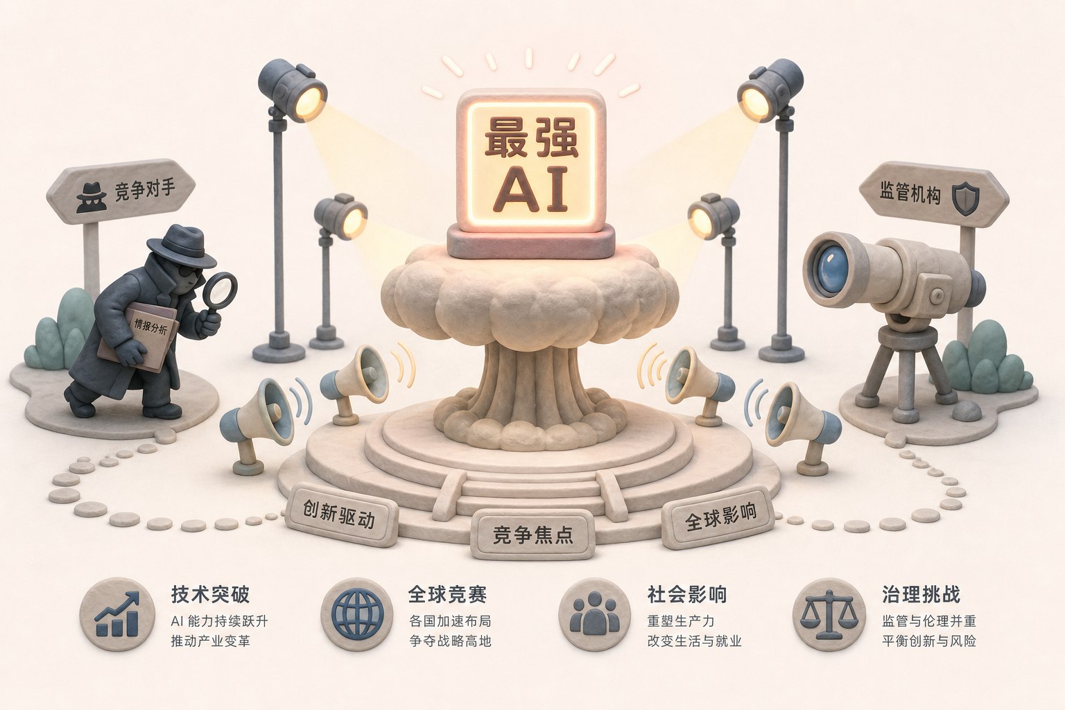 一个写着最强 AI 的发光装置被摆在原子弹形状的展台上,聚光灯和扩音喇叭正在对外宣传,远处间谍剪影和监管望远镜同时靠近,浅色背景的商业评论版橡皮泥平面信息图的统一风格。