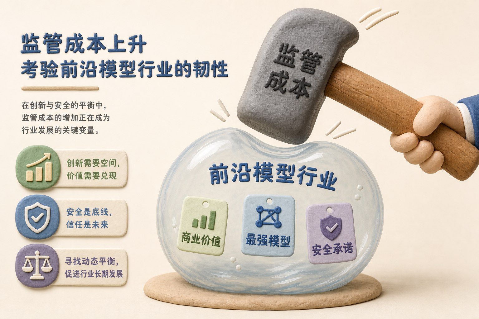 一把写着监管成本的大锤砸向前沿模型行业的泡泡,泡泡里漂浮着商业价值、最强模型和安全承诺三张标签,浅色背景的商业评论版橡皮泥平面信息图的统一风格。