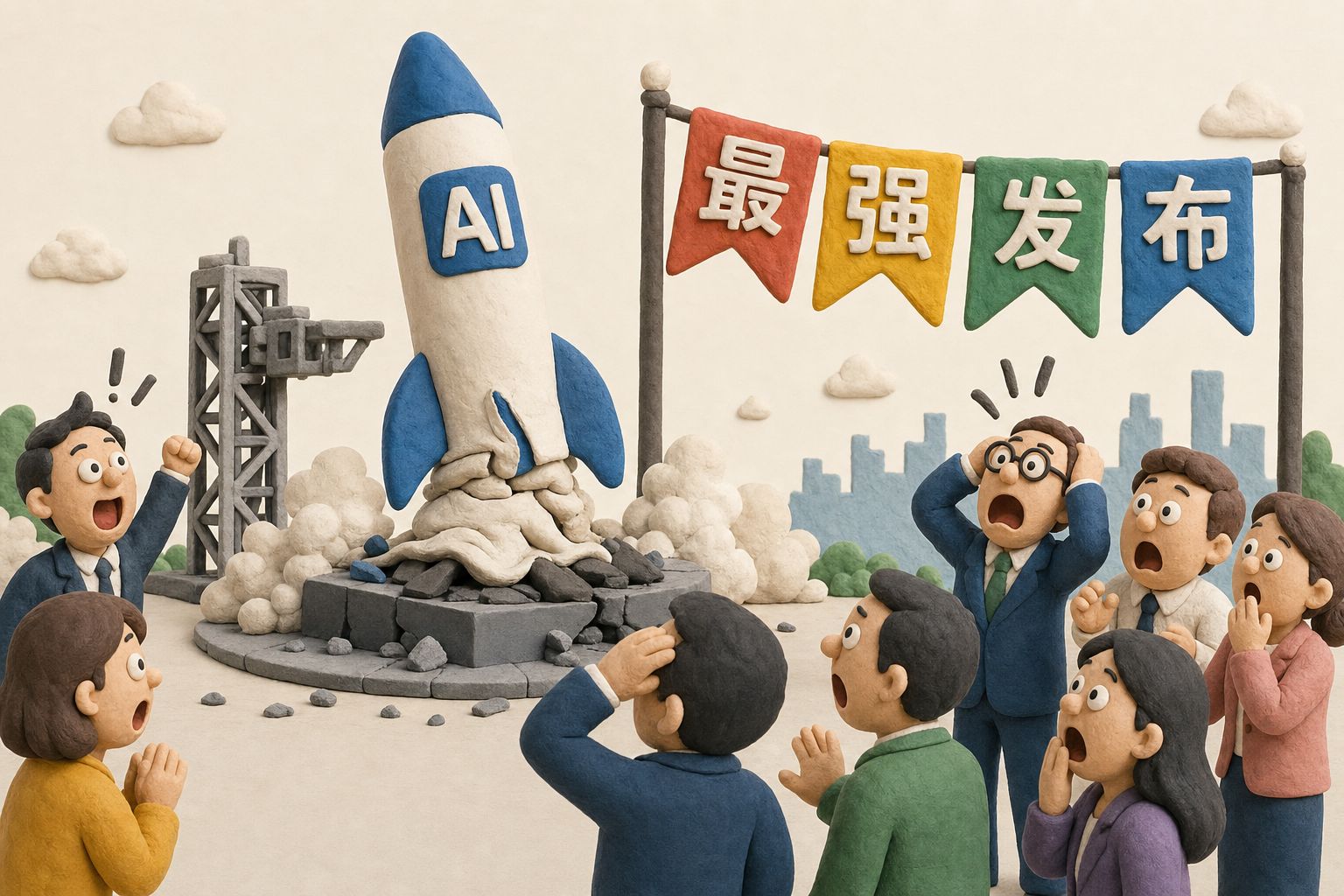 一个刚升空的 AI 火箭模型旁边摆着“最强发布”的彩旗,火箭底部却突然塌陷趴在发射台上,围观人群表情从兴奋变成错愕,浅色背景的商业评论版橡皮泥平面信息图的统一风格。