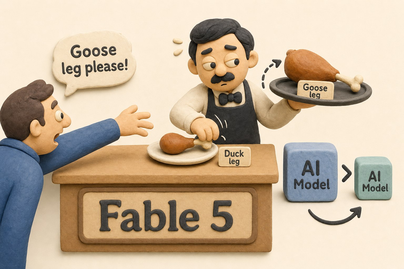 一个写着 Fable 5 的餐台上,顾客伸手要鹅腿,店主却把托盘里的鹅腿悄悄换成鸭腿,旁边还有一个被替换的 AI 模型小方块,浅色背景的商业评论版橡皮泥平面信息图的统一风格。