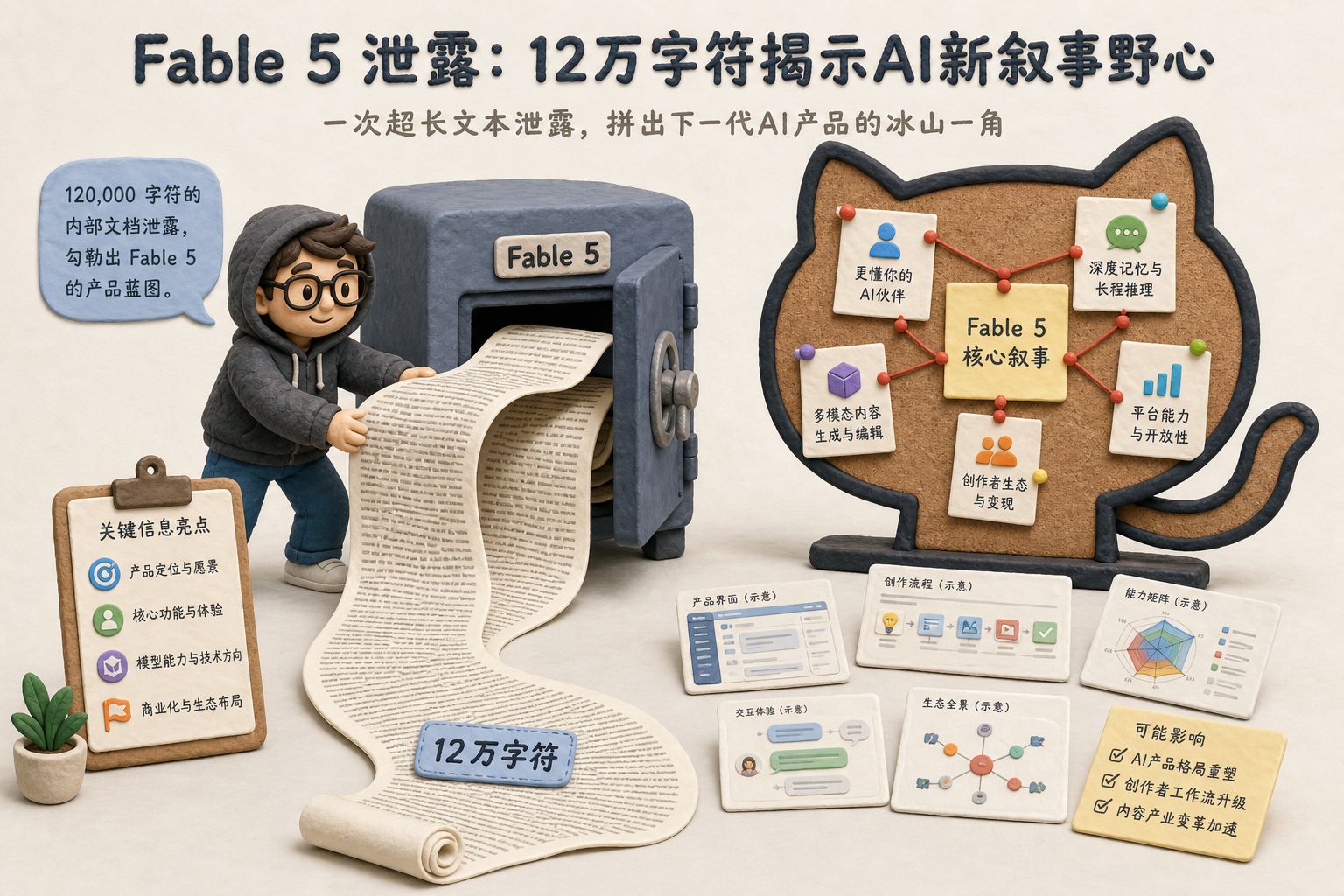 一名黑客角色把写满 12 万字符的长卷轴从写着 Fable 5 的保险柜里拉出来,旁边是 GitHub 图标形状的公告板和散落的截图卡片,浅色背景的商业评论版橡皮泥平面信息图的统一风格。