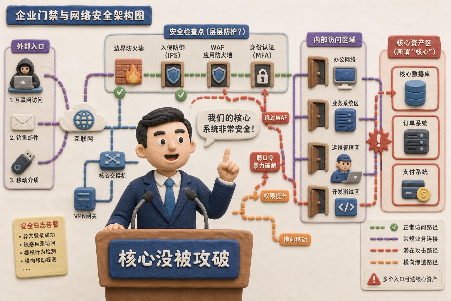 公司发言人站在写着“核心没被攻破”的讲台前,身后却露出一张巨大的门禁线路图和被标注的安全关卡,浅色背景的商业评论版橡皮泥平面信息图的统一风格。