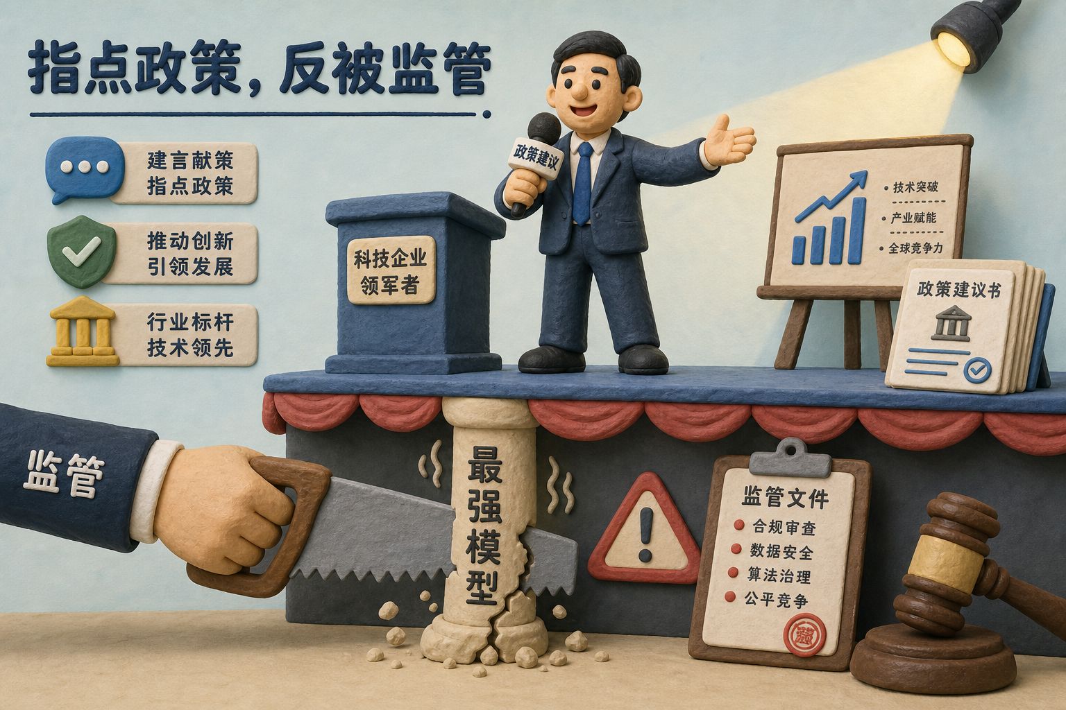 一位科技公司负责人拿着政策建议麦克风站在台上,台下政府大手把写着最强模型的支柱锯断,形成“指点政策反被监管”的讽刺构图,浅色背景的商业评论版橡皮泥平面信息图的统一风格。