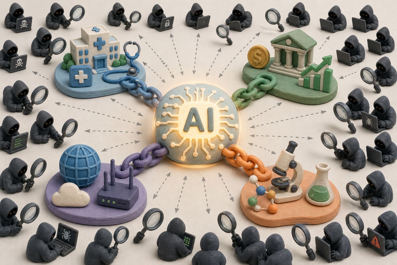 一个巨大的中心 AI 节点支撑着医疗、金融、网络和科研四条社会链路,四周无数黑客放大镜同时盯住这个唯一节点,浅色背景的商业评论版橡皮泥平面信息图的统一风格。