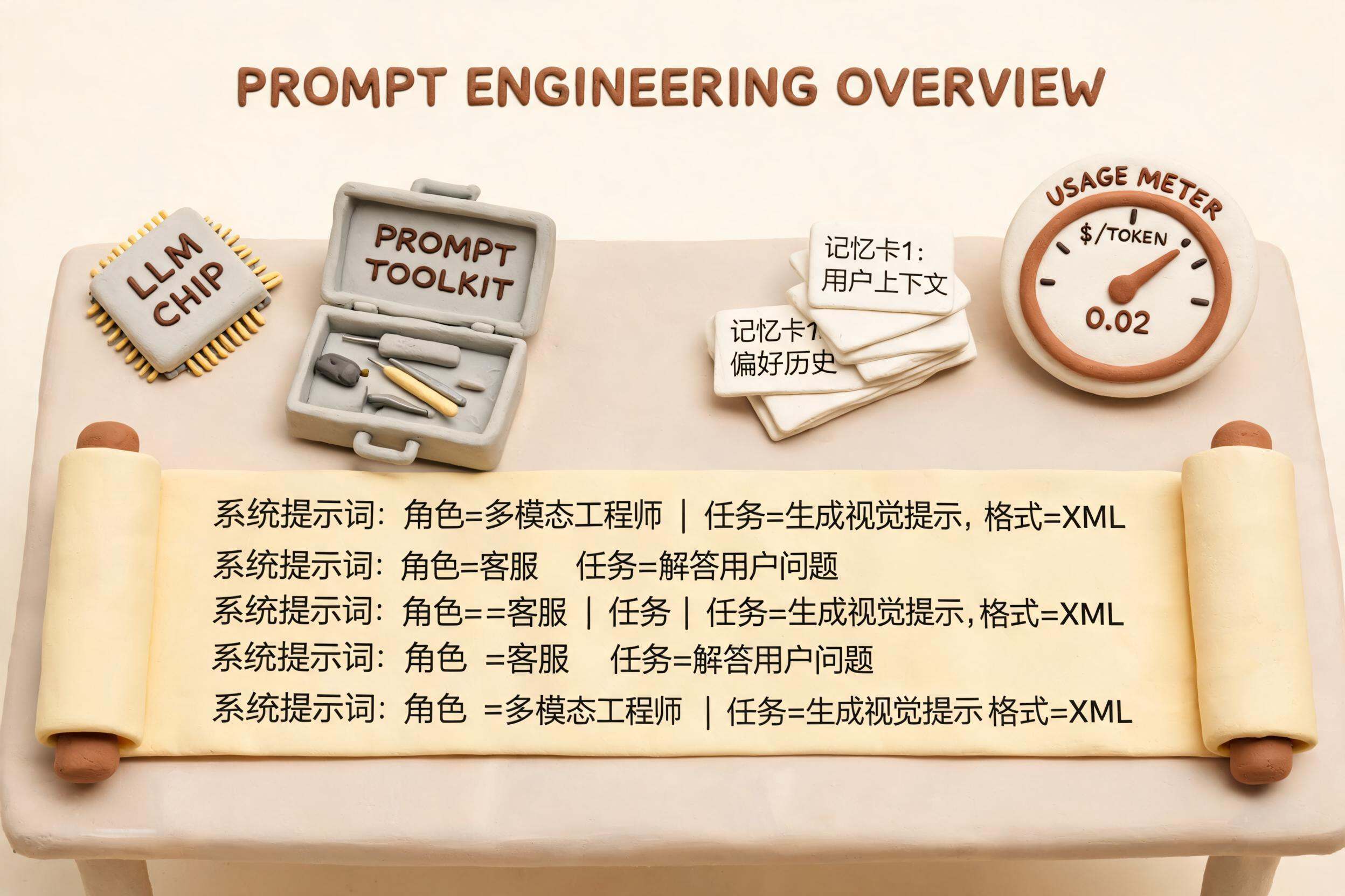 一卷写满系统提示词的超长卷轴横跨桌面,旁边摆着模型芯片、工具箱、记忆卡片和计费仪表,构成博客封面式总览画面,浅色背景的商业评论版橡皮泥平面信息图的统一风格。