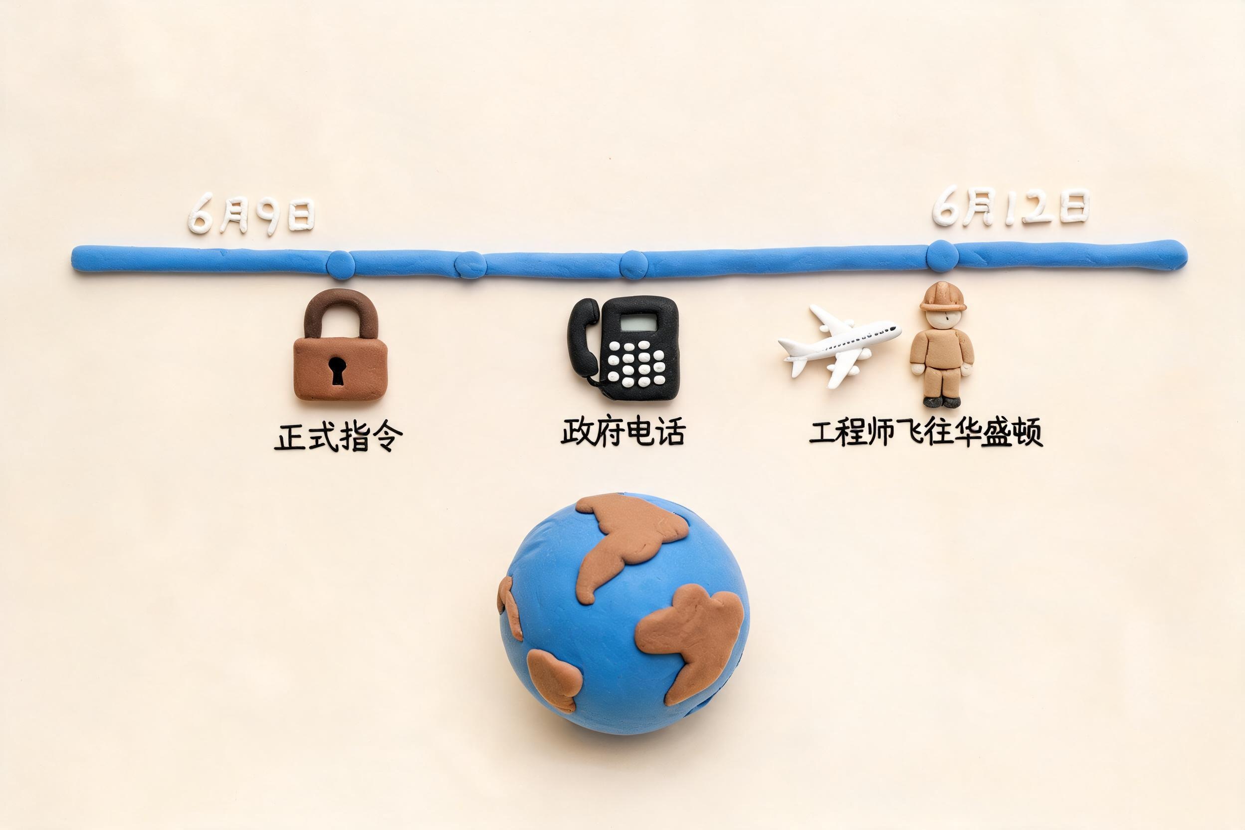 一条 6 月 9 日到 6 月 12 日的时间轴穿过地球和锁形图标,政府电话、正式指令、工程师飞往华盛顿的节点依次排列,浅色背景的商业评论版橡皮泥平面信息图的统一风格。