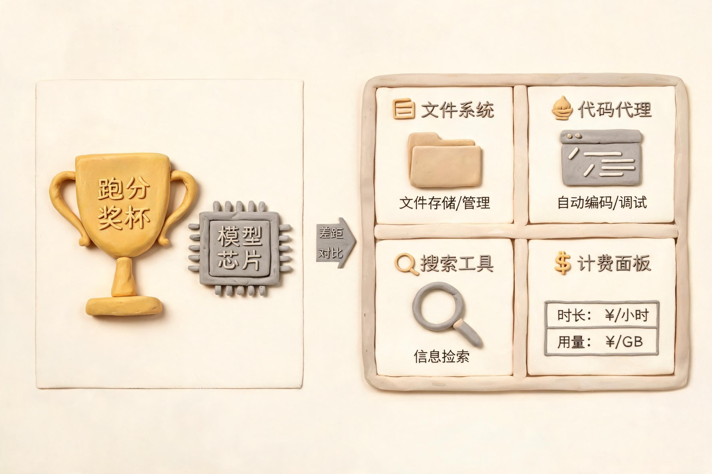 左侧是跑分奖杯和模型芯片,右侧是包含文件系统、代码代理、搜索工具和计费面板的完整工作台,两边用差距箭头对比,浅色背景的商业评论版橡皮泥平面信息图的统一风格。