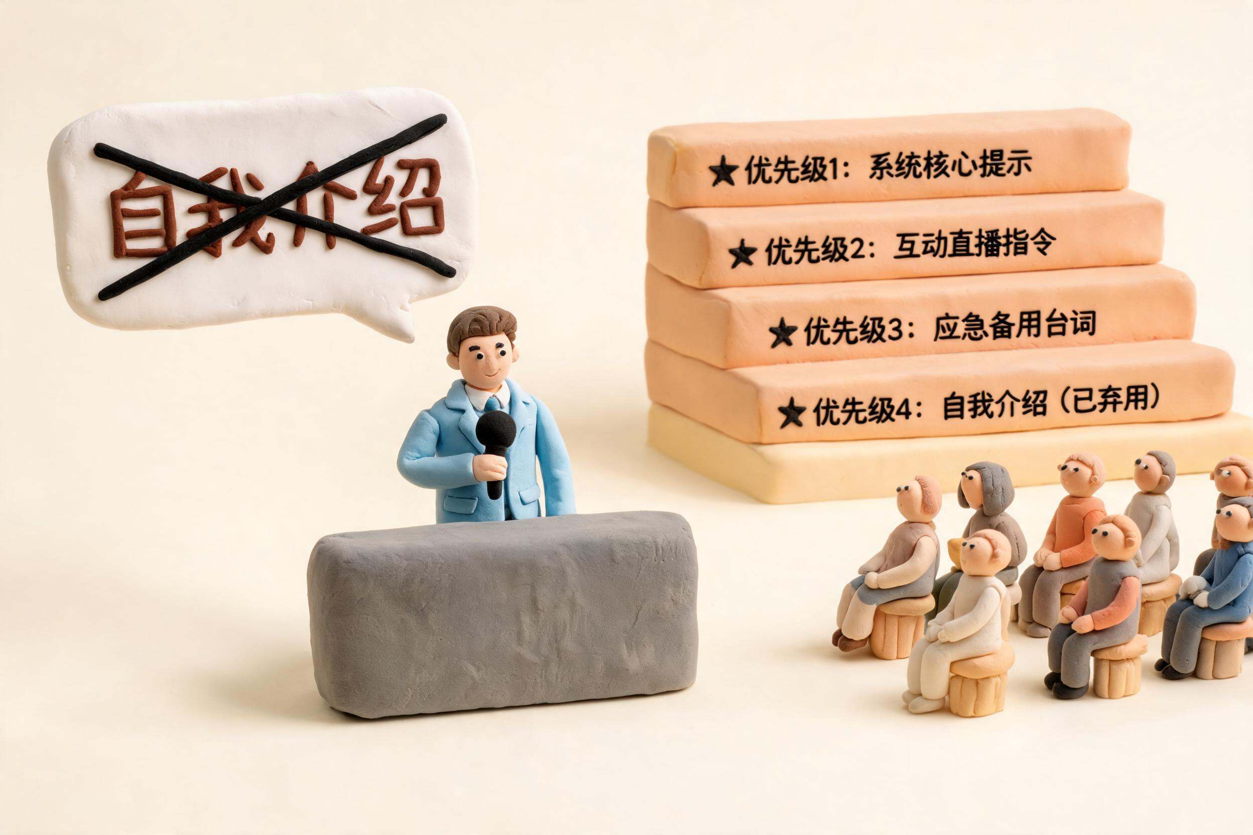 主持人站在直播台前,第一块提示牌不是自我介绍而是被划掉的语音气泡,观众席旁摆着系统提示词优先级阶梯,浅色背景的商业评论版橡皮泥平面信息图的统一风格。