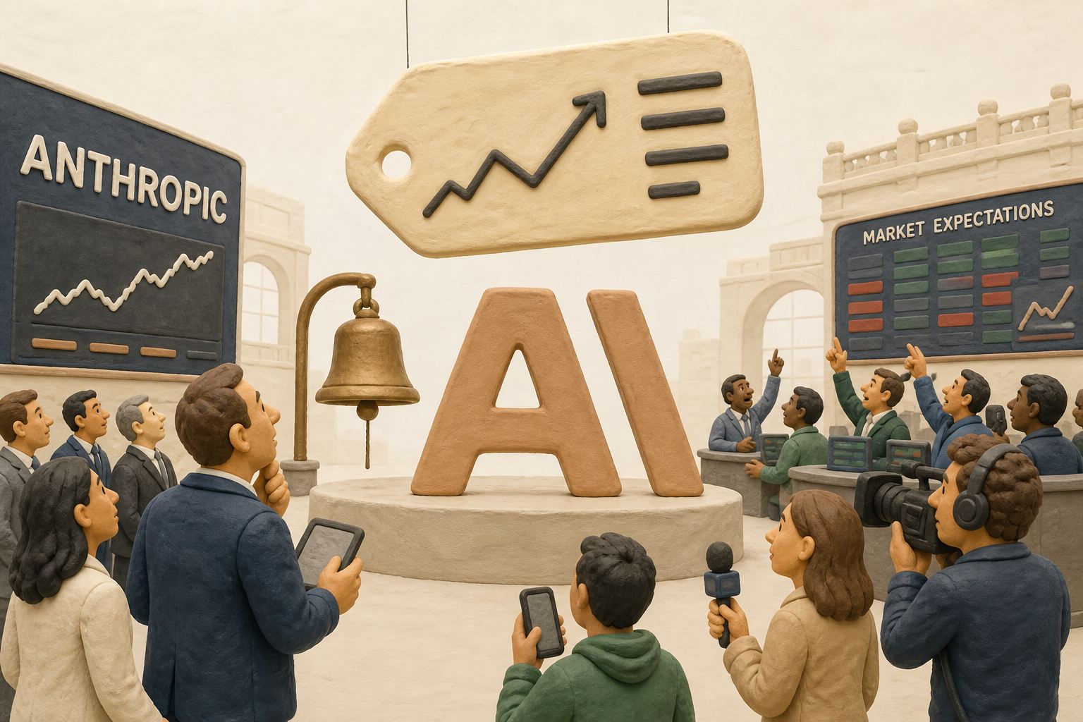 Anthropic标志性字母形体位于即将敲钟的证券交易大厅中央,投资人、记者与普通交易者从不同方向观察一枚悬浮的巨大估值标签,形成真金白银与市场预期之间的视觉冲突,不显示具体数字,浅色背景的商业评论版橡皮泥平面信息图的统一风格。